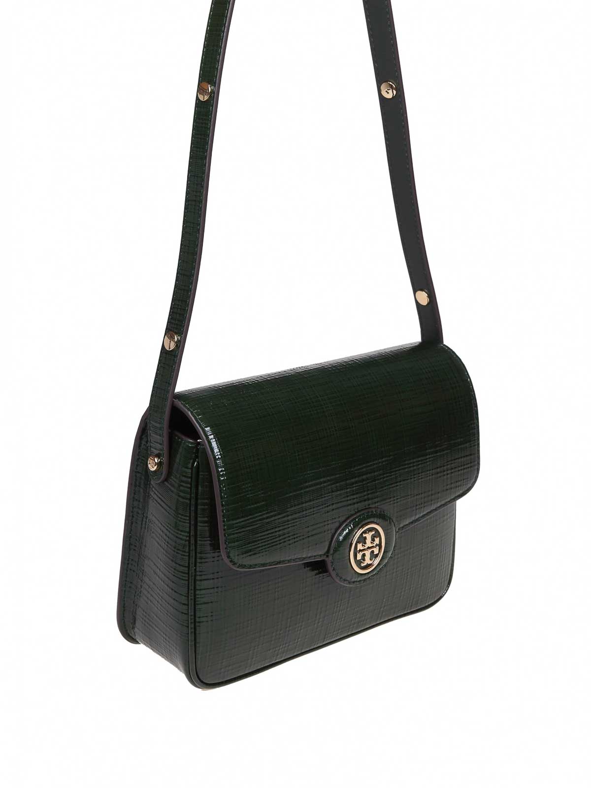 Shop Tory Burch Robinson Shoulder Bag In Embossed Leather In Green