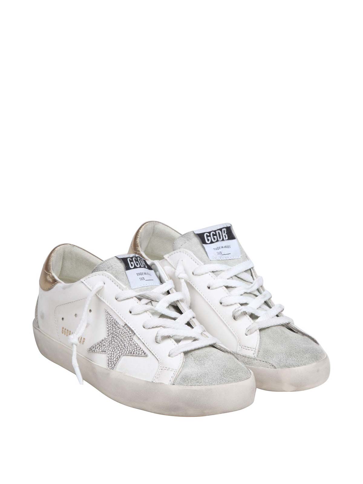 Shop Golden Goose Super Star Sneakers In Leather With Crystals In White