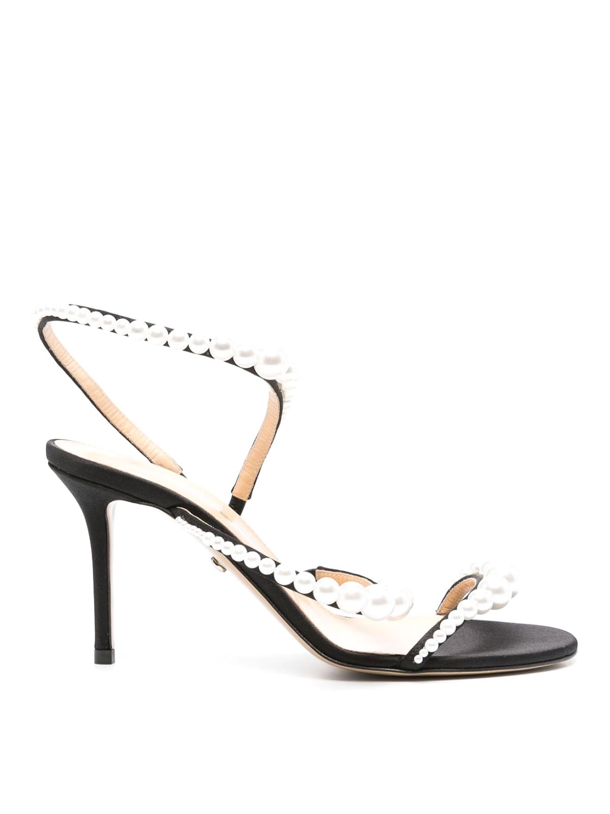 Shop Mach & Mach Sirene Satin Round Toe Pearl Sandals In Black