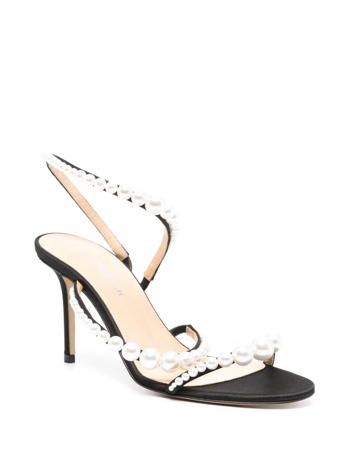 Shop Mach & Mach Sirene Satin Round Toe Pearl Sandals In Black