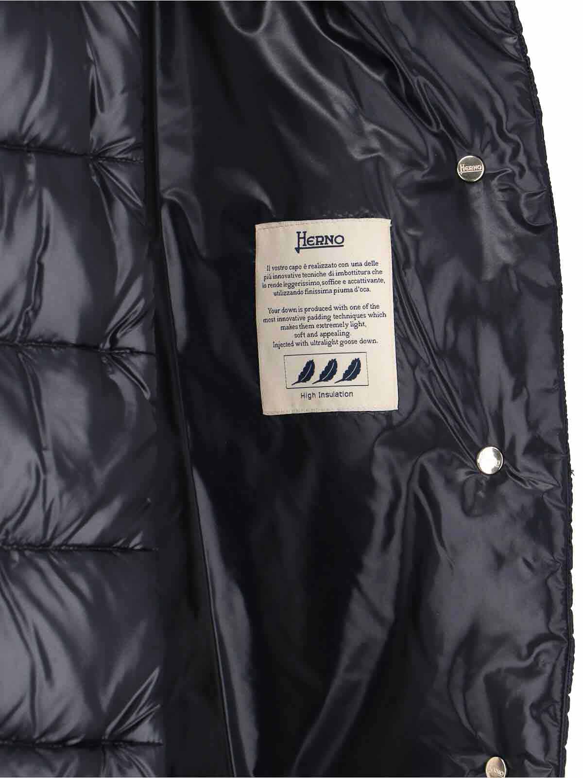 Herno Navy Long Puffer Jacket With High Collar In Gray