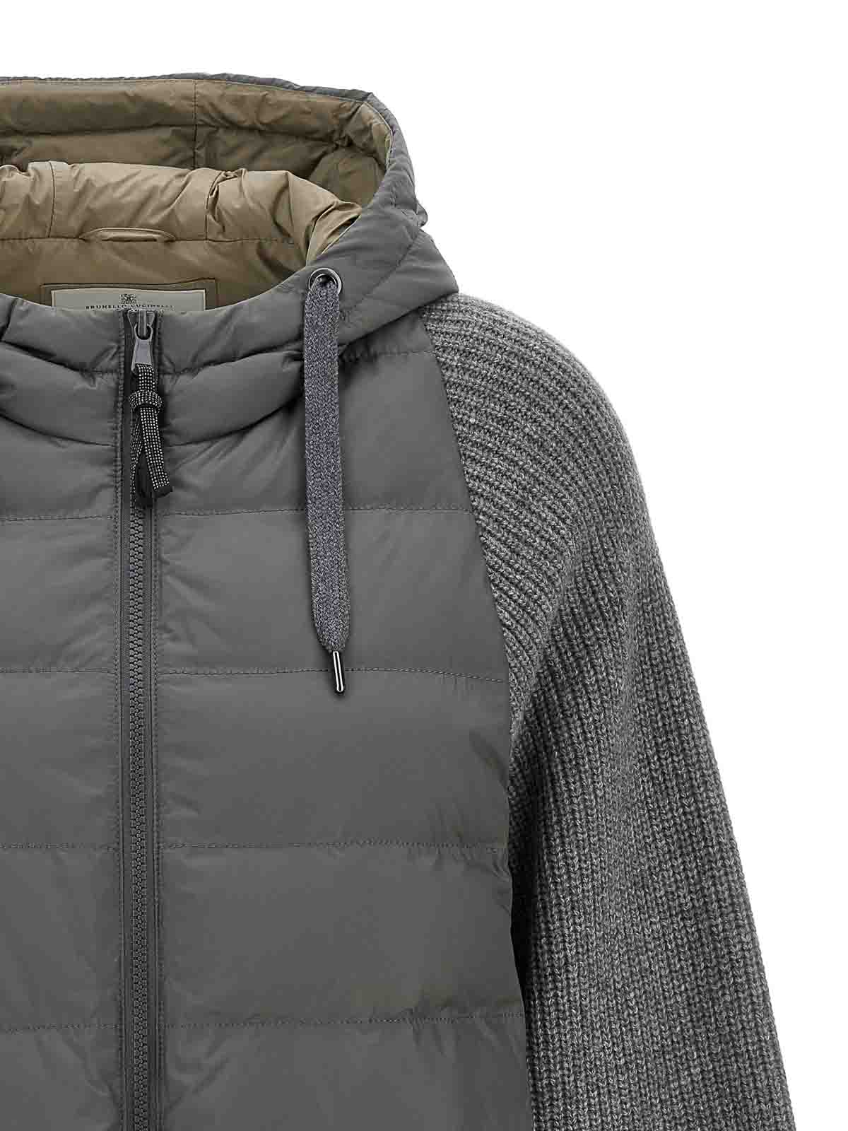 Shop Brunello Cucinelli Hooded Down Jacket With  Inserts In Grey