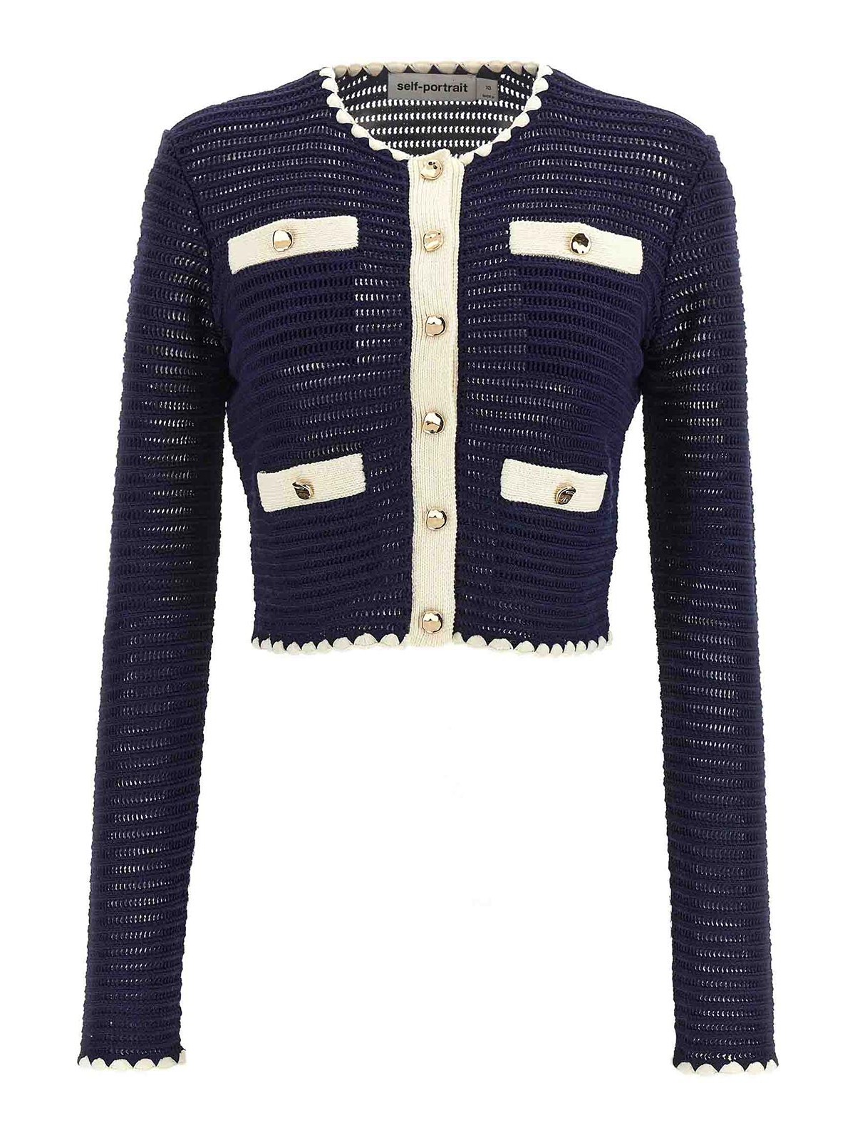 Shop Self-portrait Navy Crochet Contrast Trim Cardigan In Blue