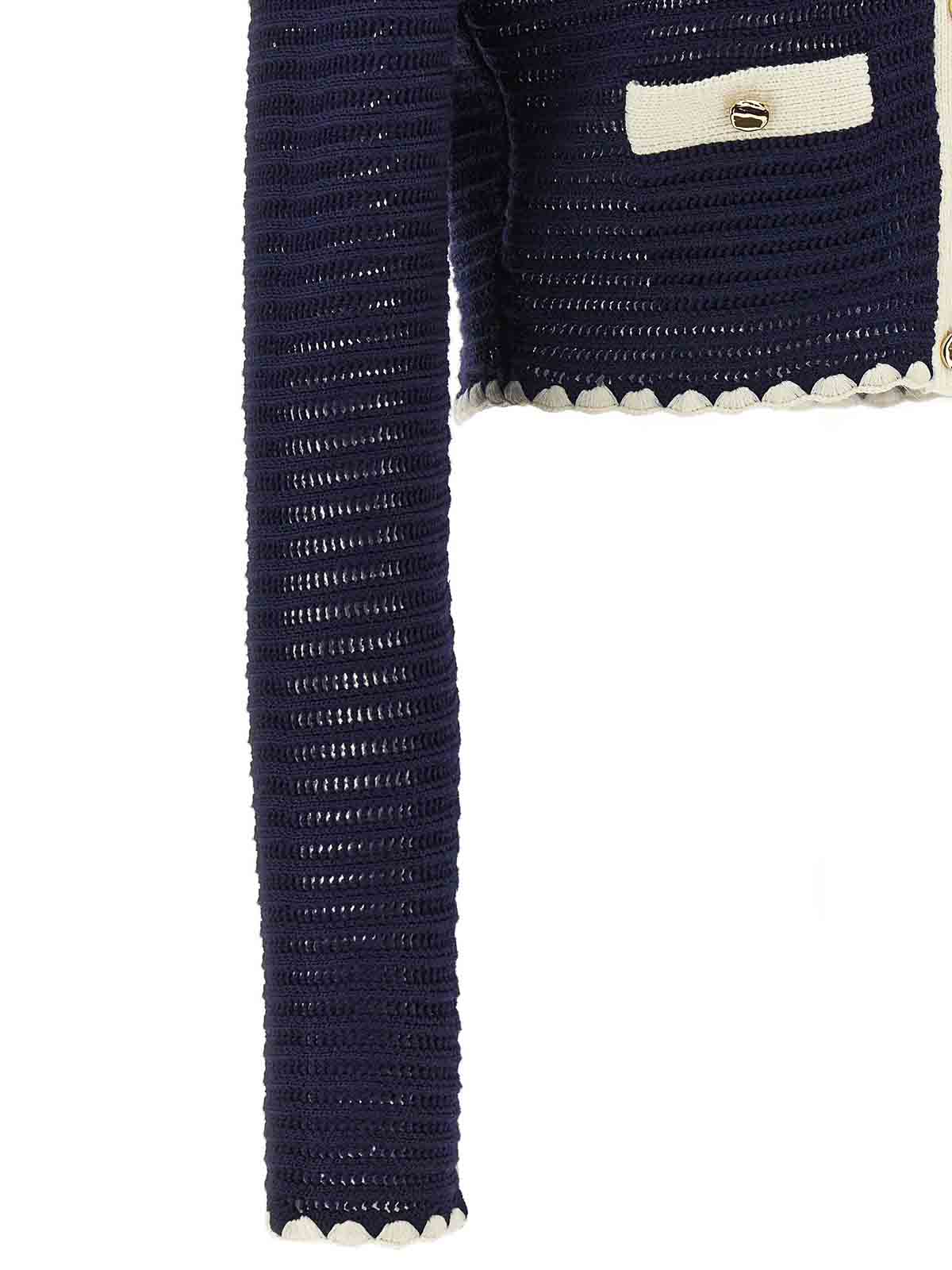 Shop Self-portrait Navy Crochet Contrast Trim Cardigan In Blue