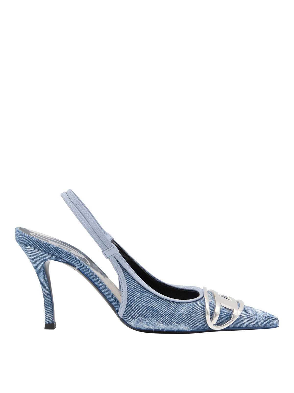 Diesel Pointed Toe Slingback Strap Silver-tone Pumps In Blue