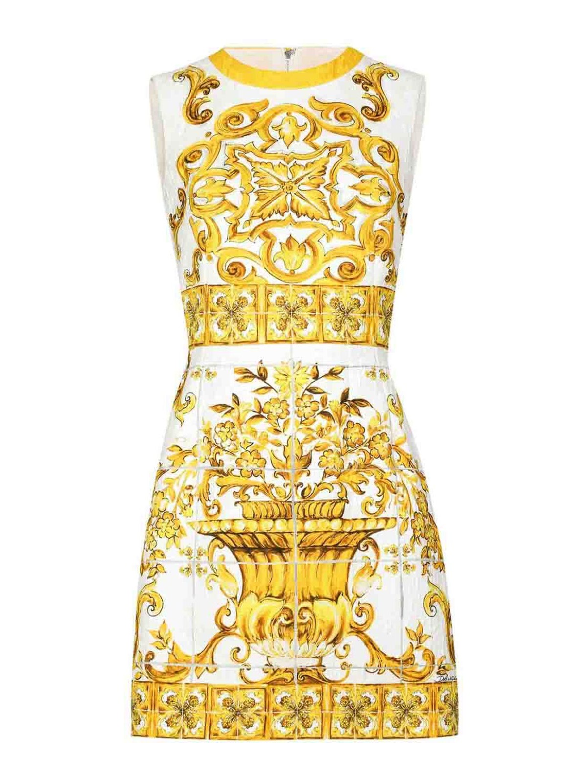 Shop Dolce & Gabbana Maiolica Print Cotton Mini Dress In Amarillo