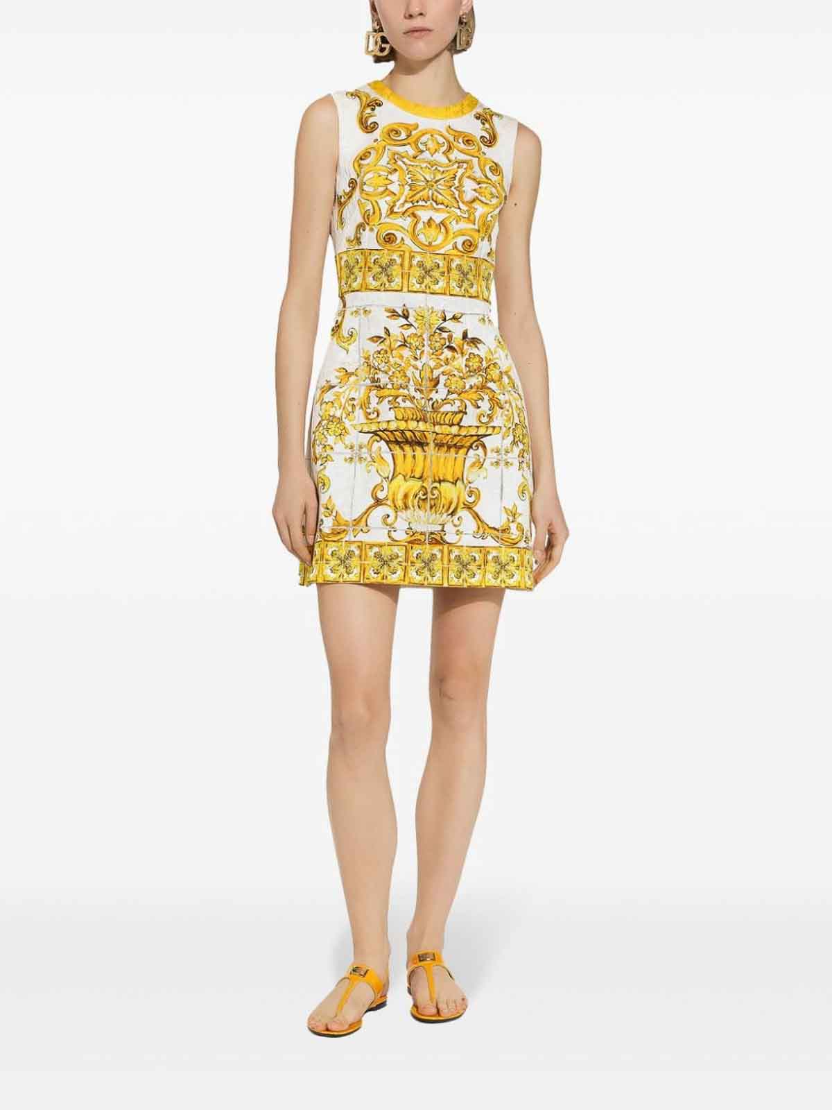 Shop Dolce & Gabbana Maiolica Print Cotton Mini Dress In Amarillo