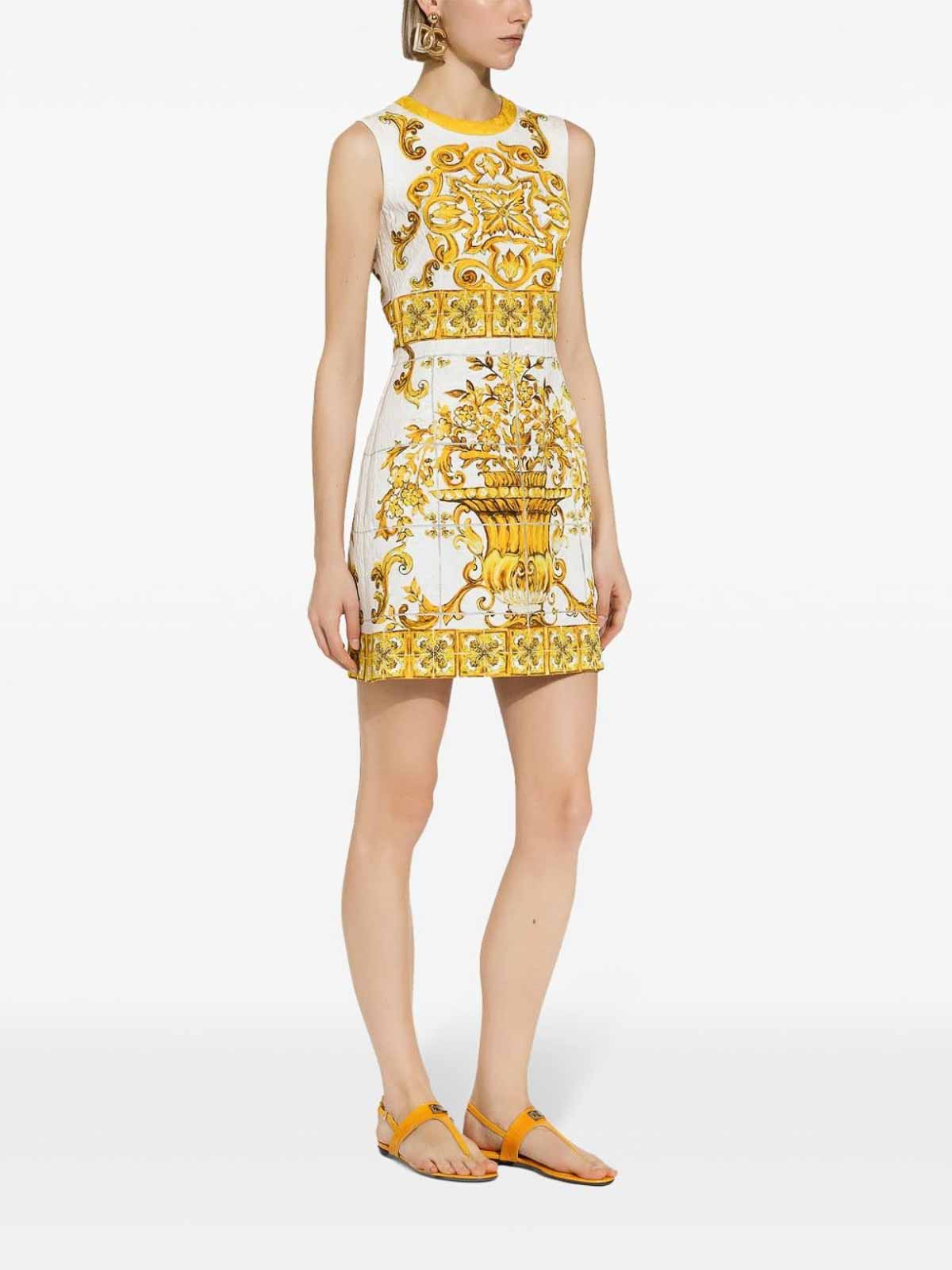 Shop Dolce & Gabbana Maiolica Print Cotton Mini Dress In Amarillo