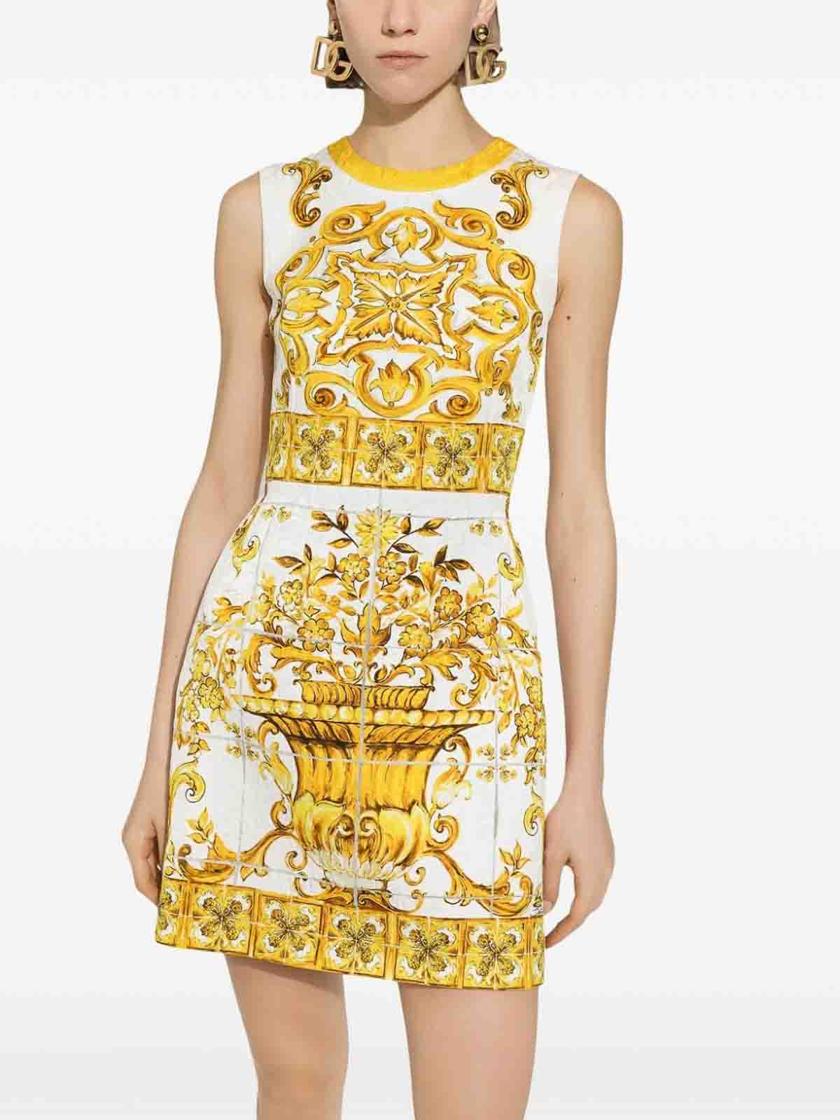 Shop Dolce & Gabbana Maiolica Print Cotton Mini Dress In Amarillo