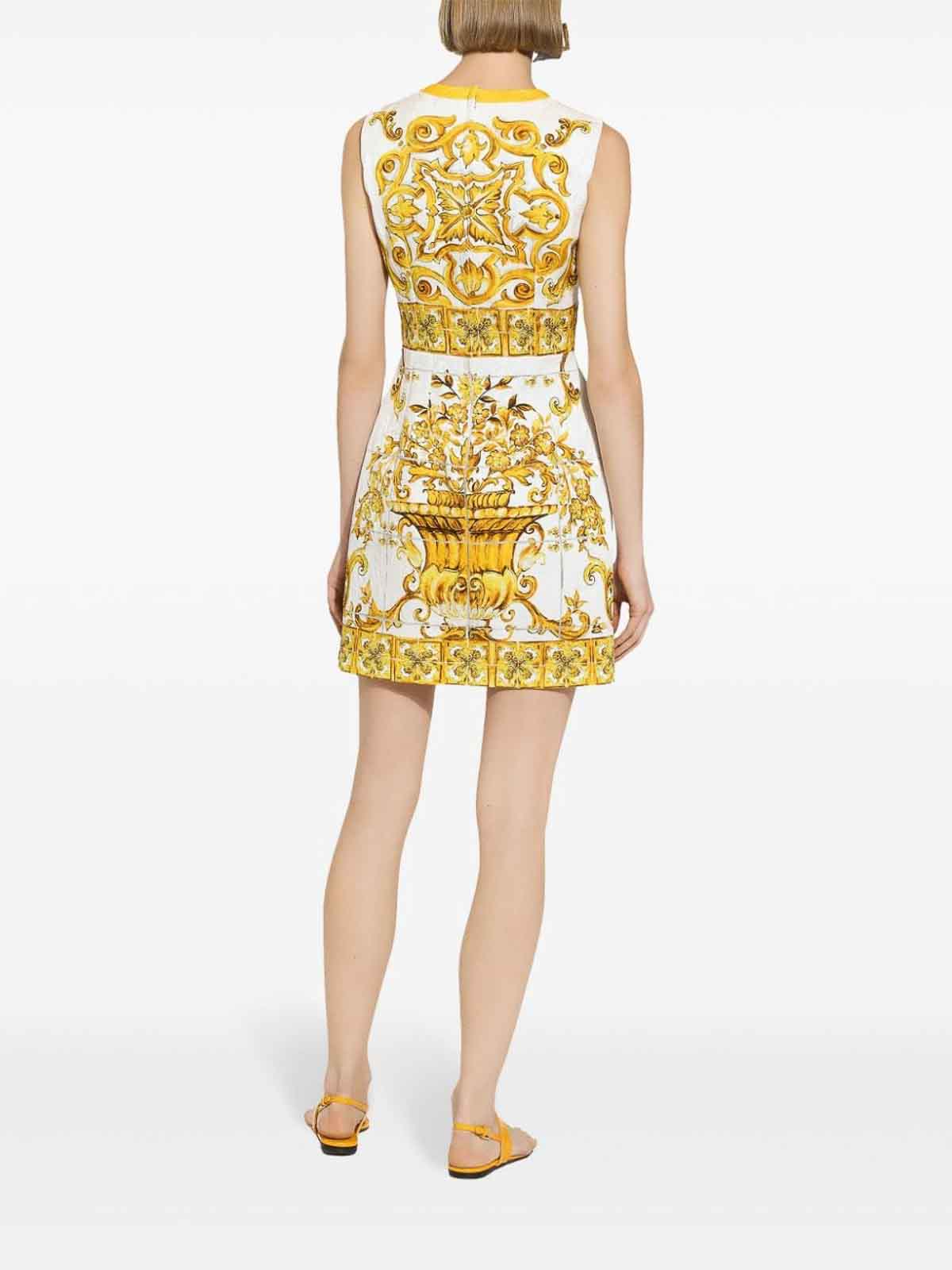 Shop Dolce & Gabbana Maiolica Print Cotton Mini Dress In Amarillo