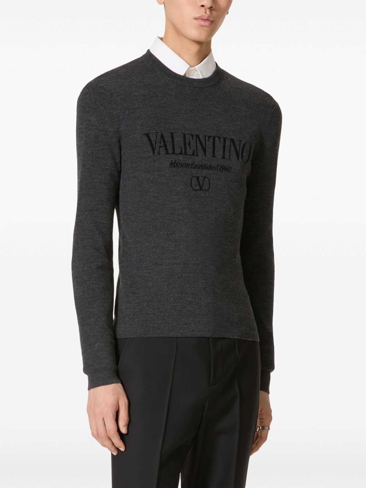 Shop Valentino Logo Wool Crewneck Sweater In Gris