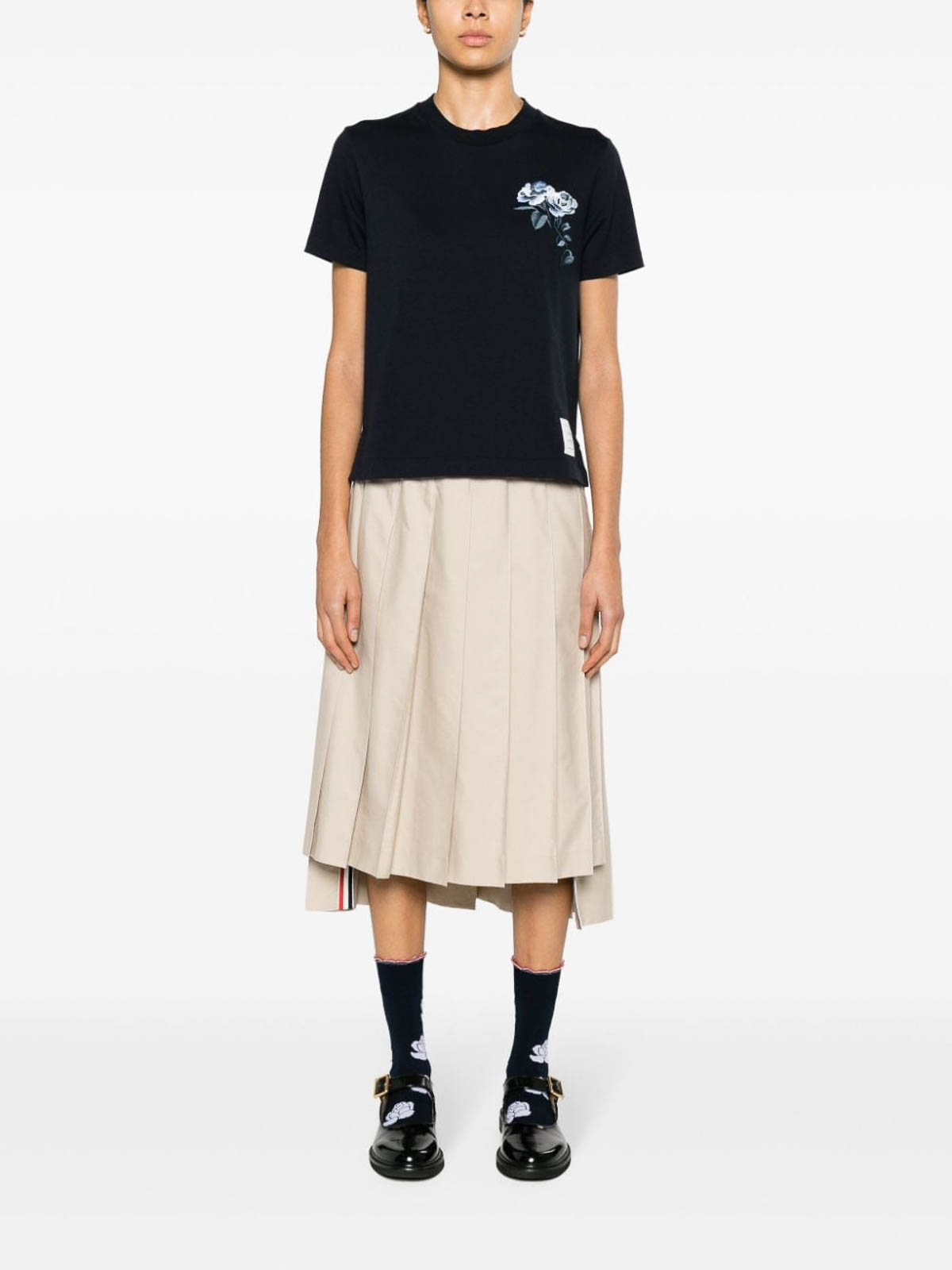 Shop Thom Browne Rose-embroidered Cotton T-shirt In Dark Blue