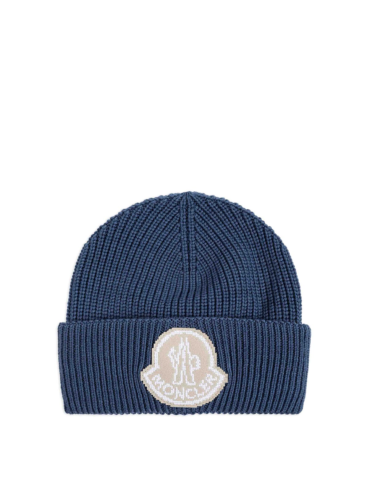 Shop Moncler Logo-patch Virgin-wool Beanie Hat In Dark Wash