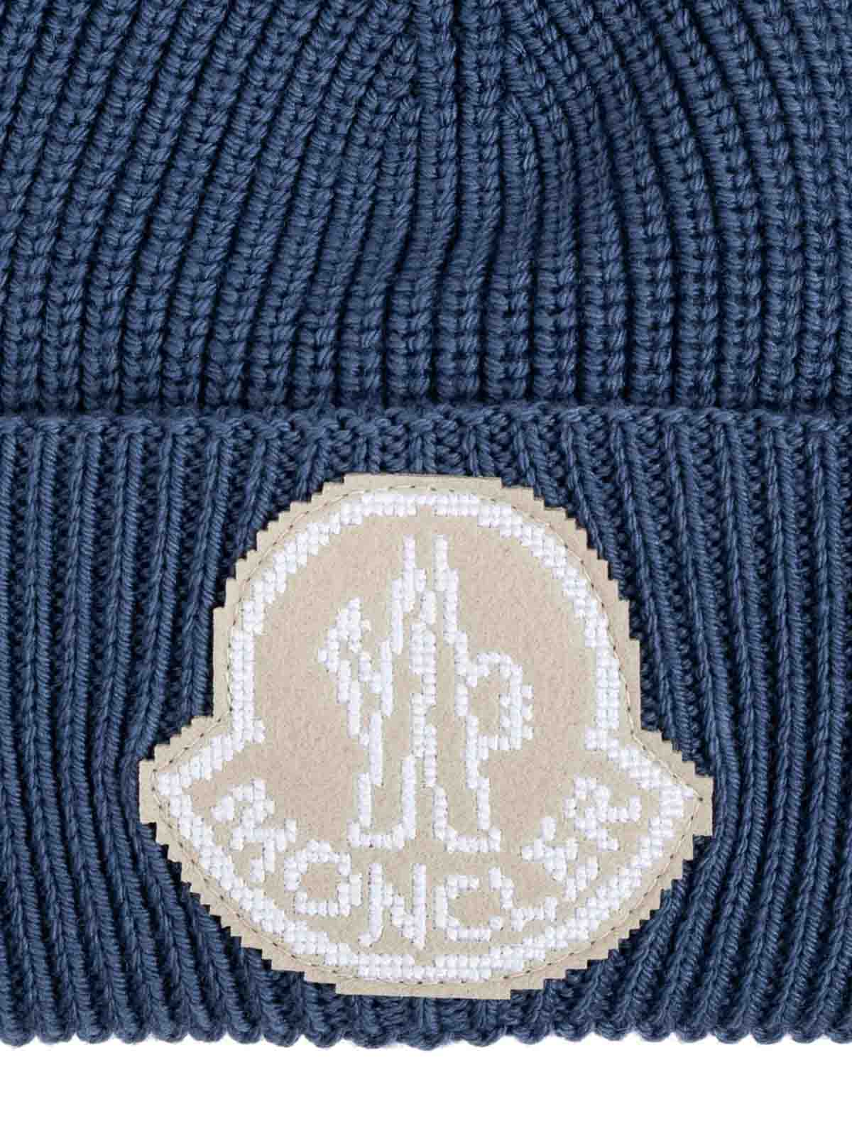 Shop Moncler Logo-patch Virgin-wool Beanie Hat In Dark Wash