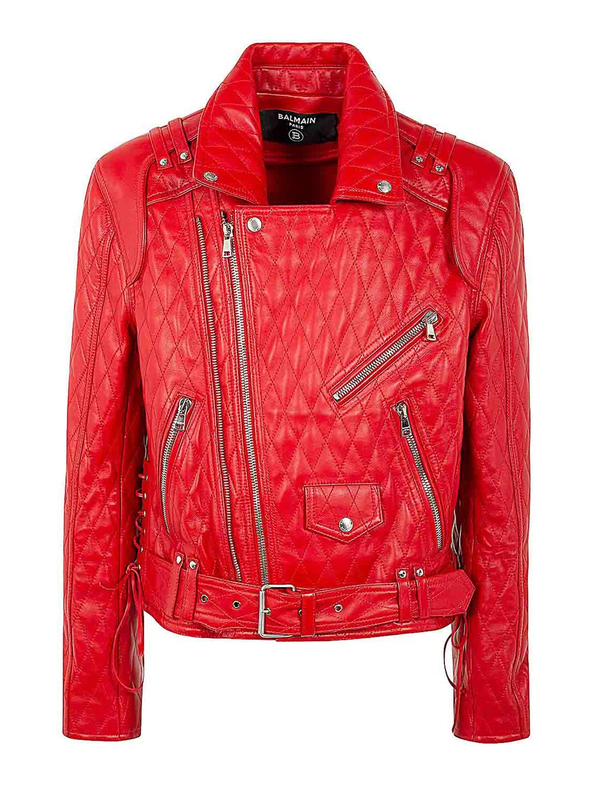 Shop Balmain Quilted Lambskin Biker Jacket In Rojo