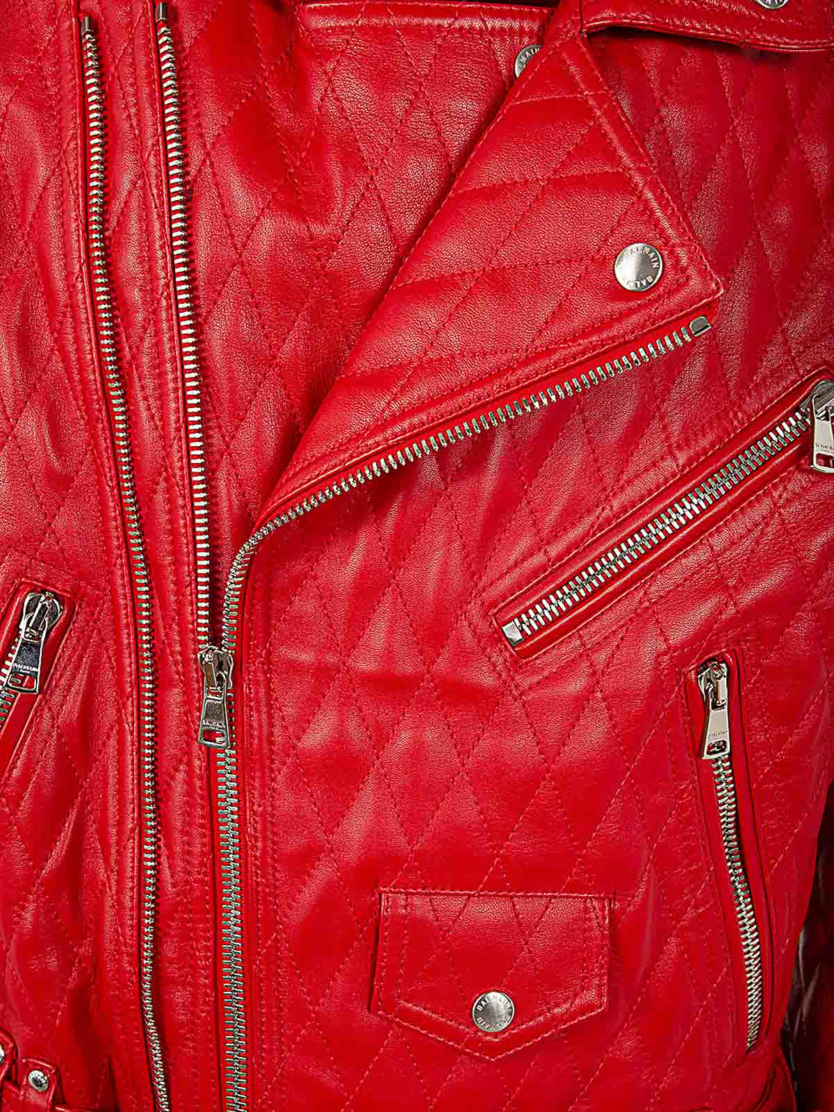 Shop Balmain Quilted Lambskin Biker Jacket In Rojo