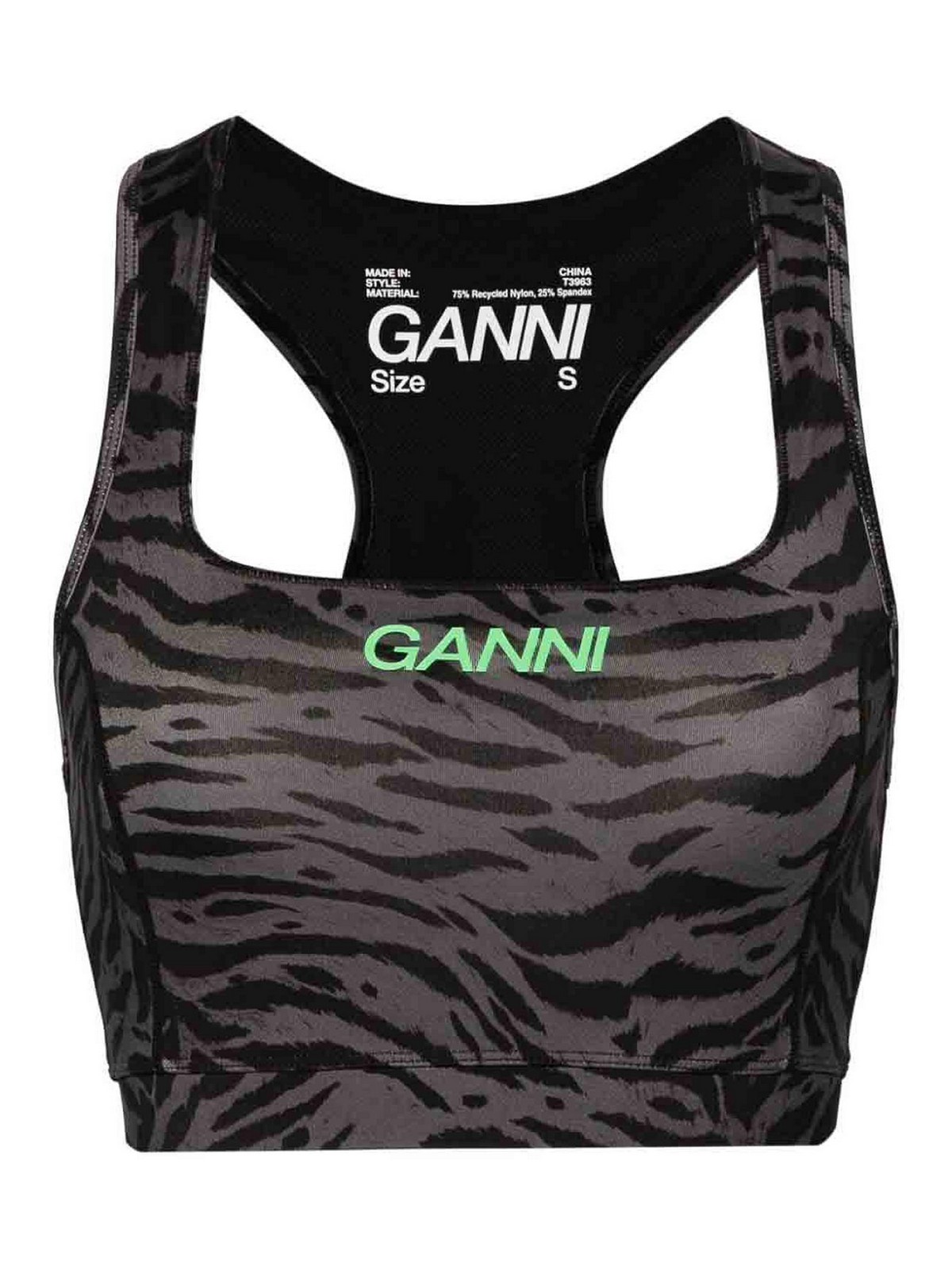 Shop Ganni Top In Recycled Nylon With Zebra Print In Gris