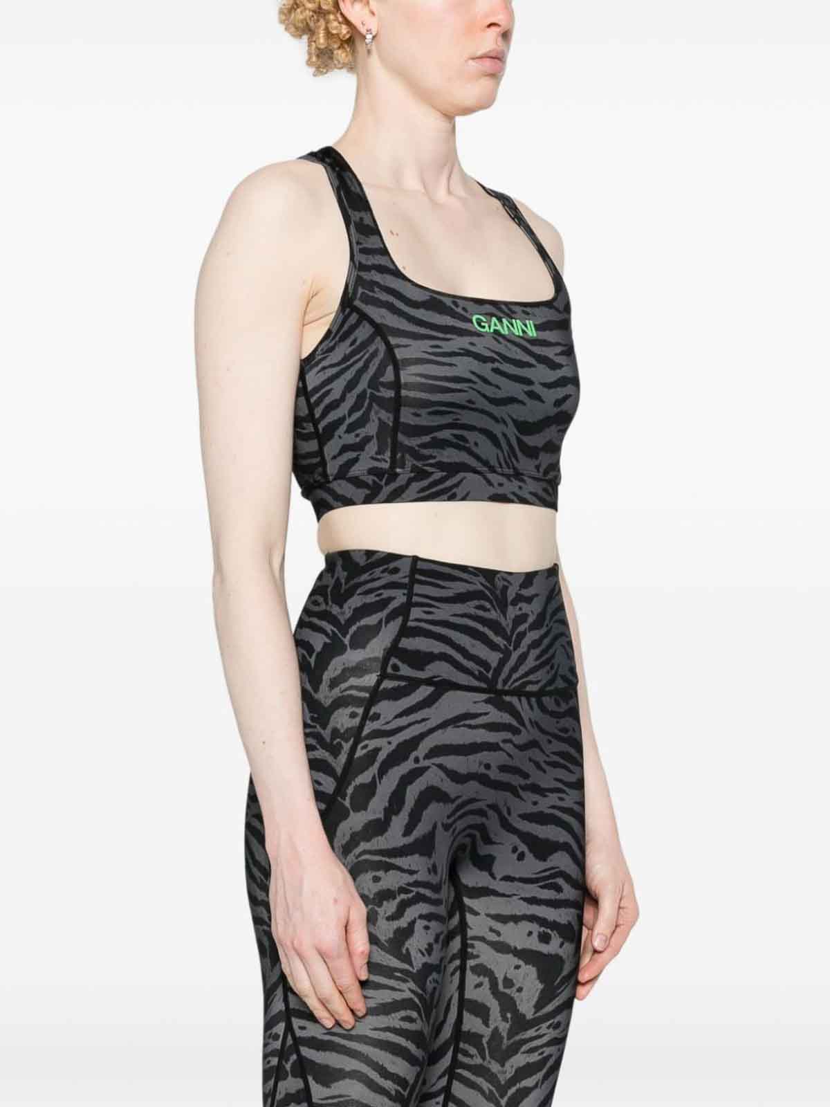 Shop Ganni Top In Recycled Nylon With Zebra Print In Gris