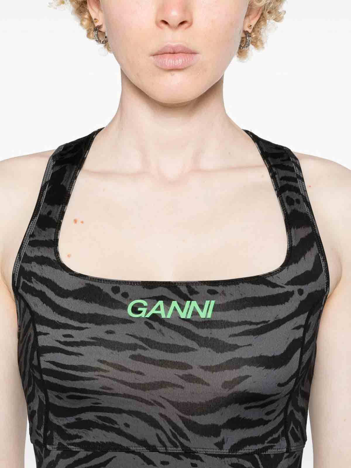 Shop Ganni Top In Recycled Nylon With Zebra Print In Gris