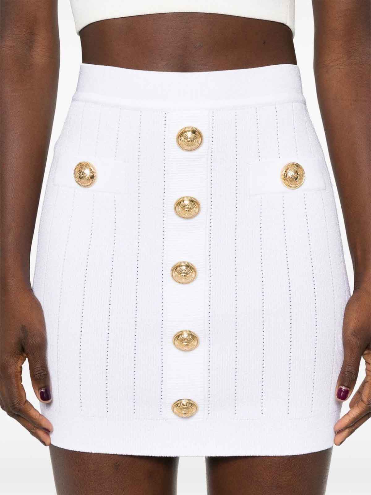 Shop Balmain Buttoned Knitted Skirt In Blanco