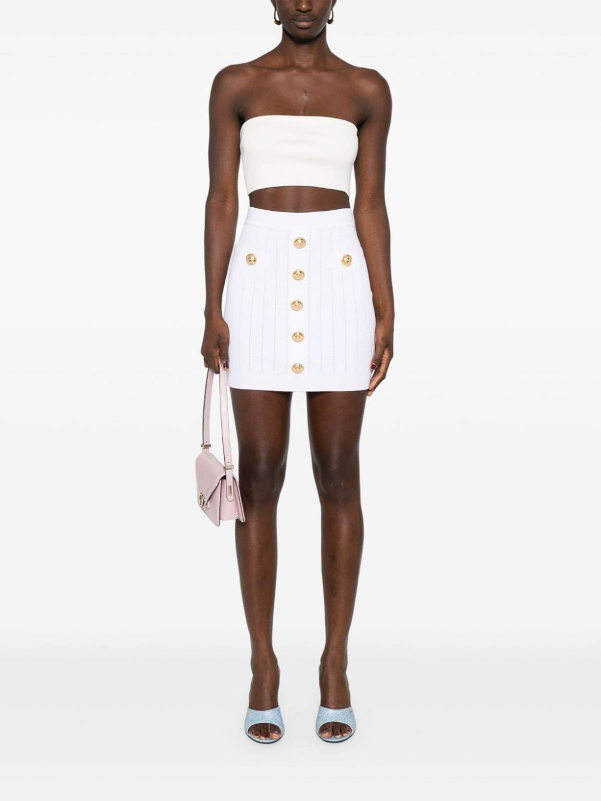 Shop Balmain Buttoned Knitted Skirt In Blanco