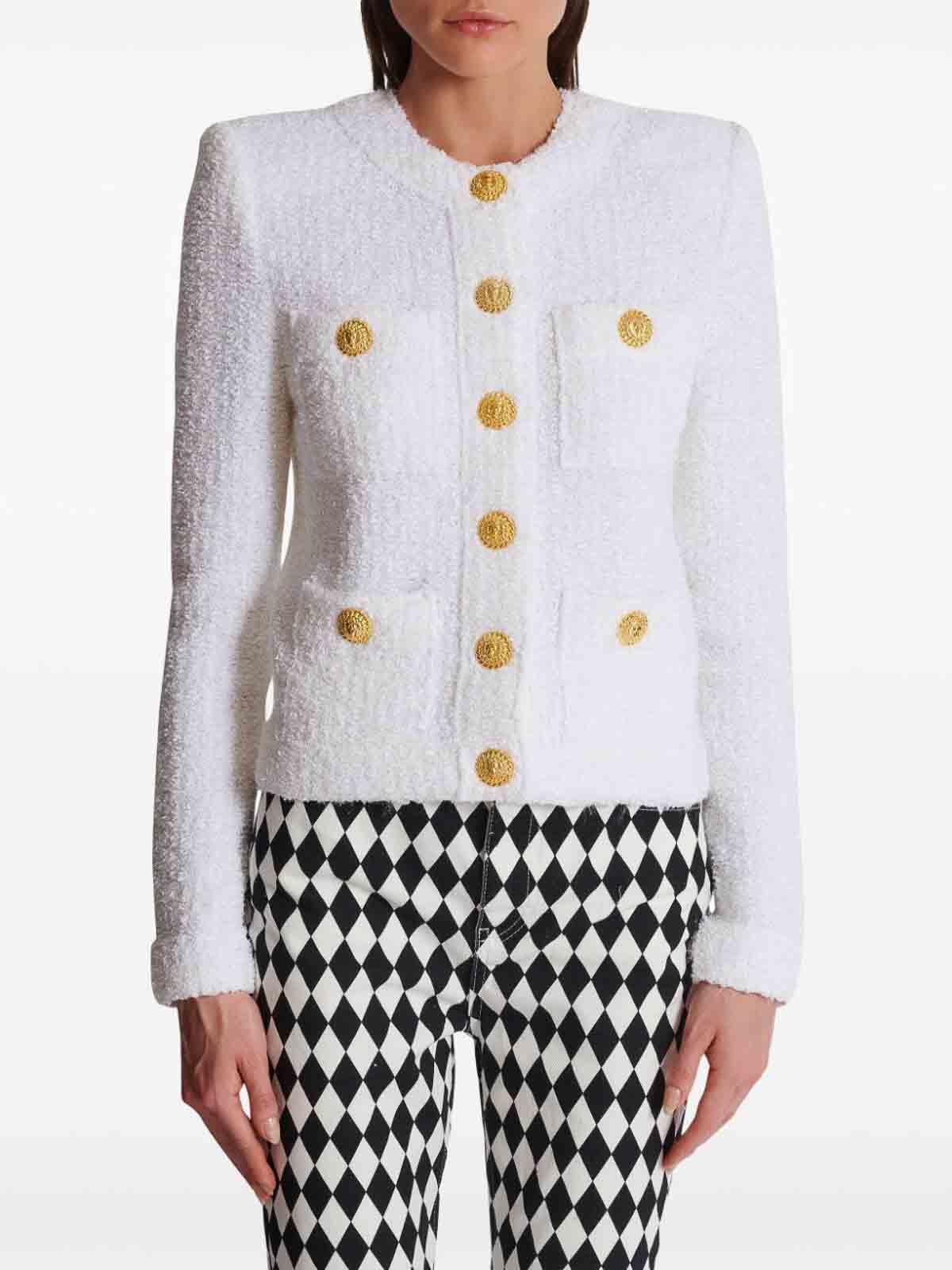 Shop Balmain Buttoned Tweed Short Jacket In Blanco