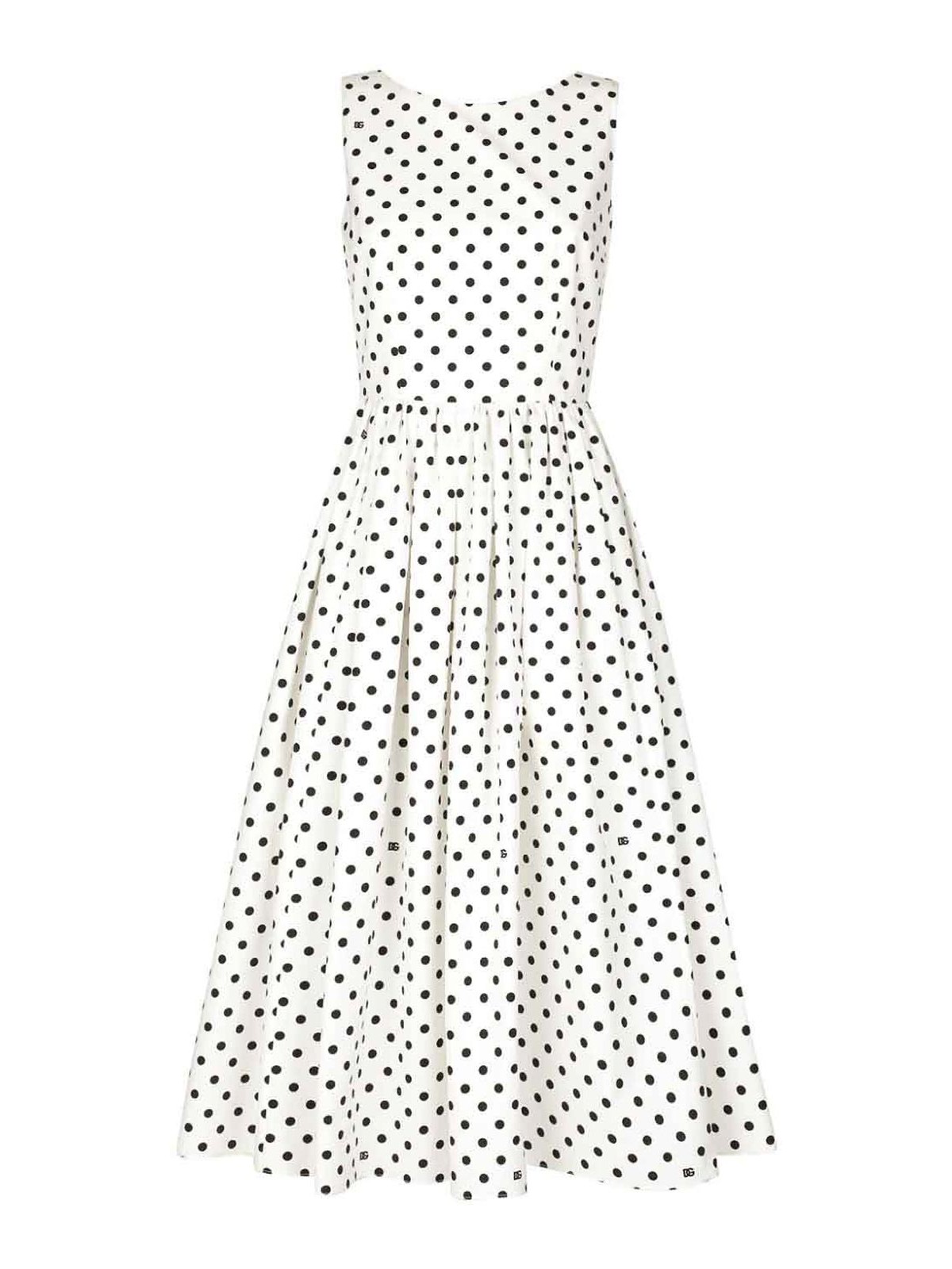 Shop Dolce & Gabbana Dots Print Cotton Midi Dress In Blanco