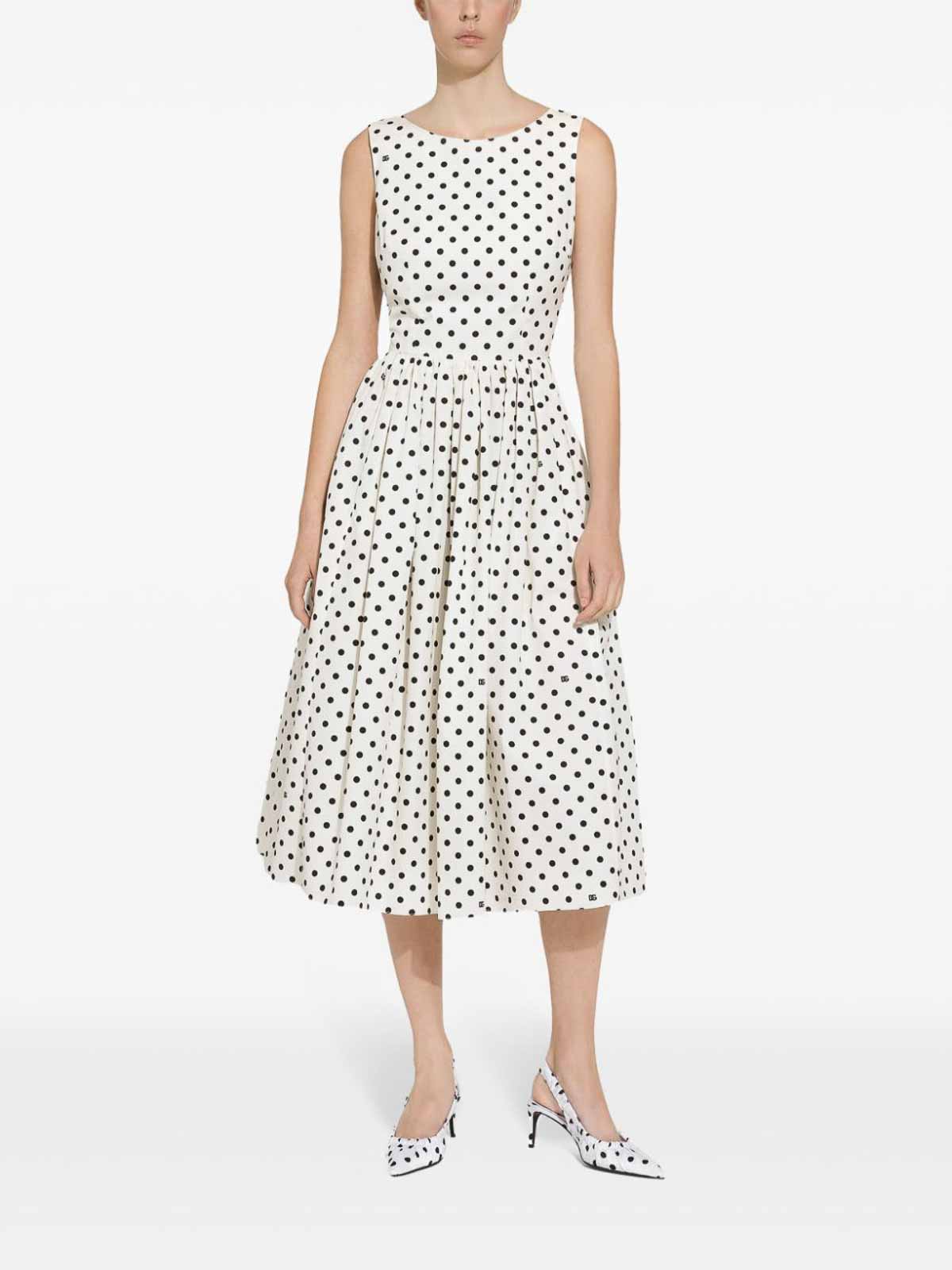 Shop Dolce & Gabbana Dots Print Cotton Midi Dress In Blanco