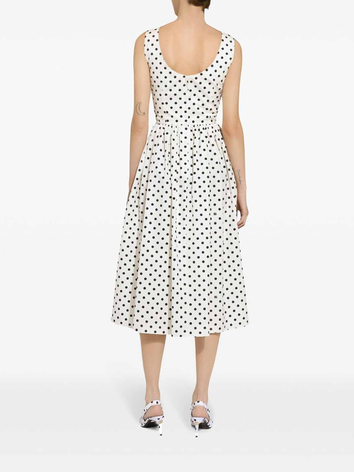 Shop Dolce & Gabbana Dots Print Cotton Midi Dress In Blanco