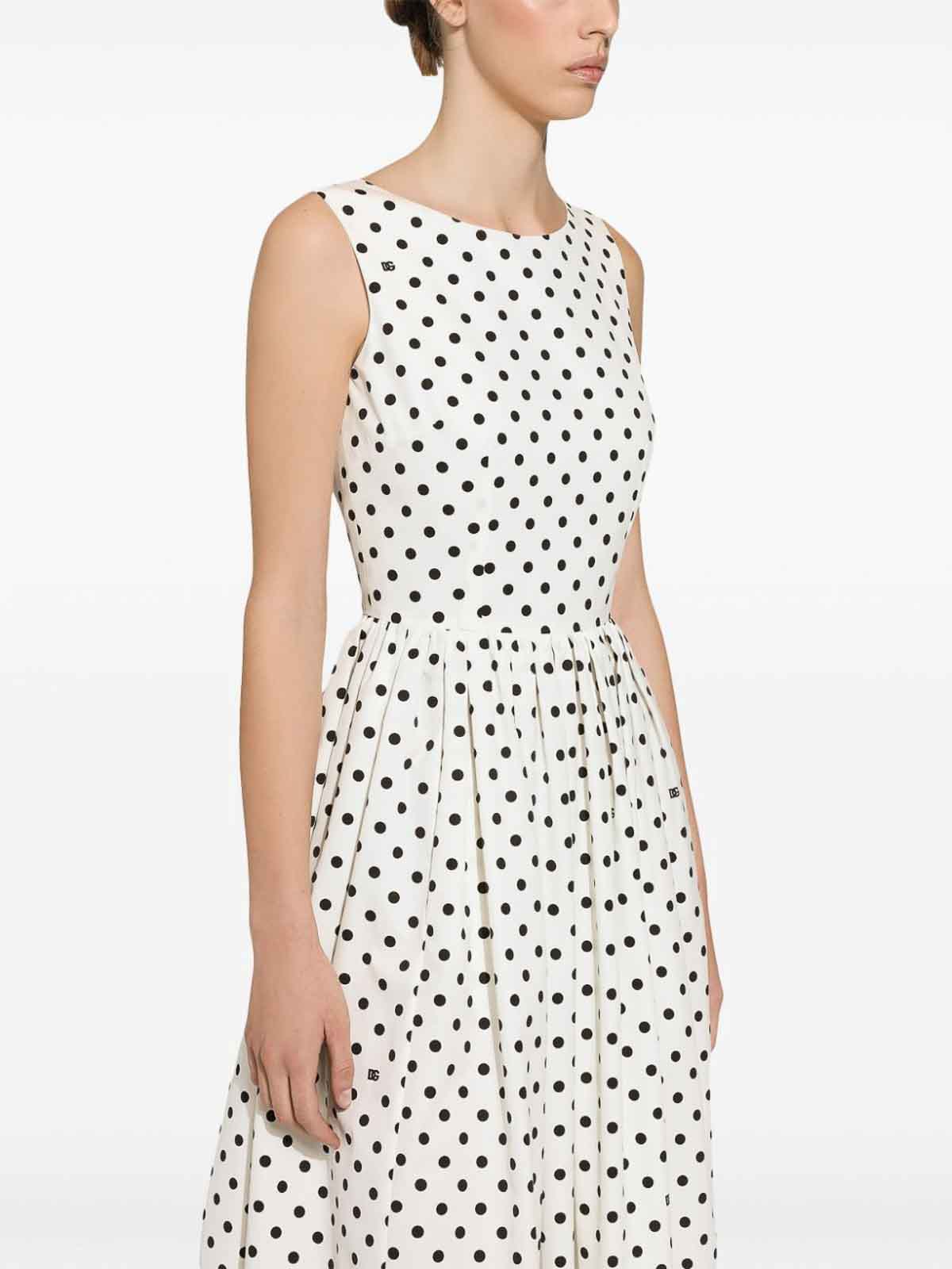 Shop Dolce & Gabbana Dots Print Cotton Midi Dress In Blanco