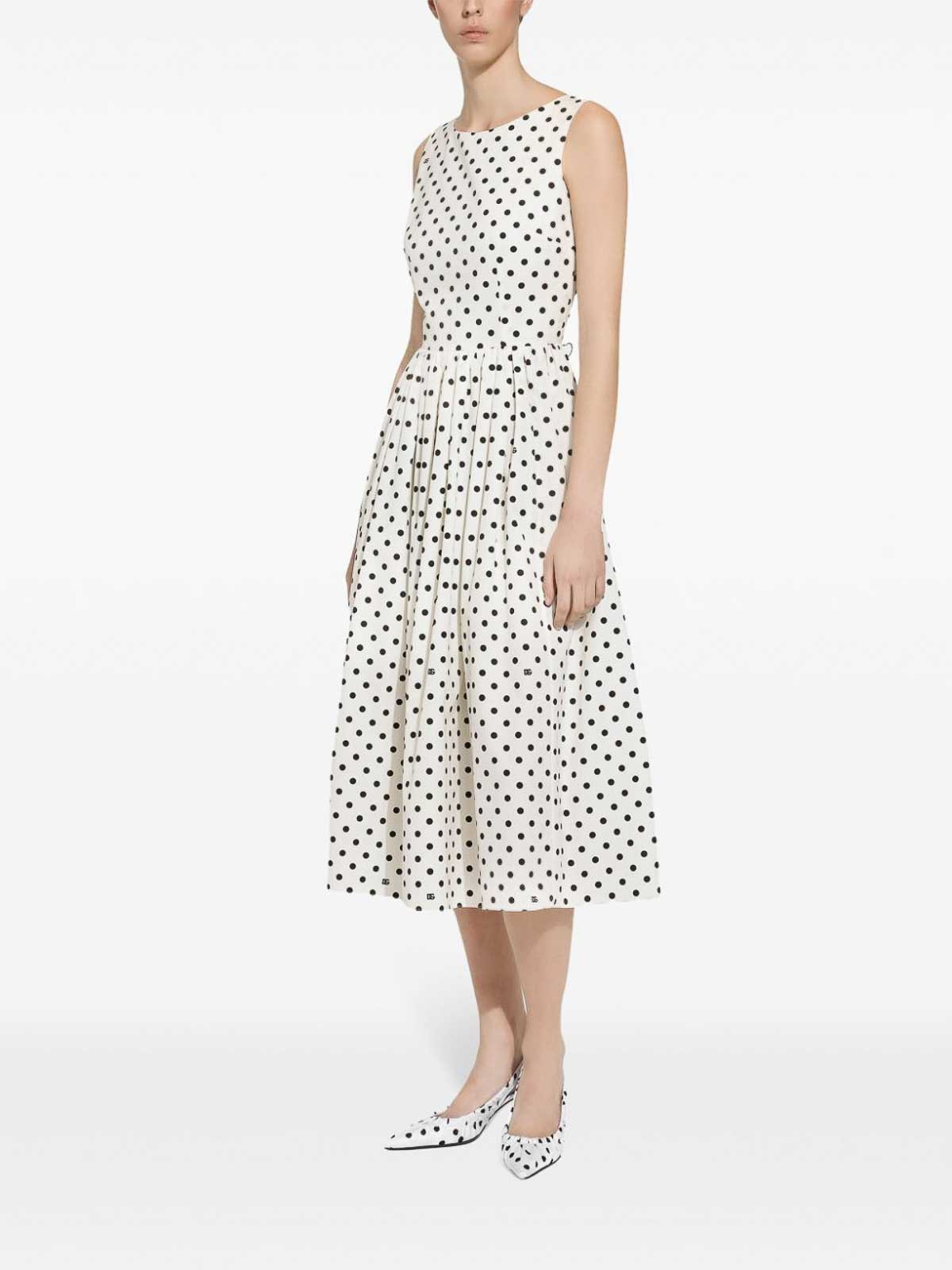 Shop Dolce & Gabbana Dots Print Cotton Midi Dress In Blanco