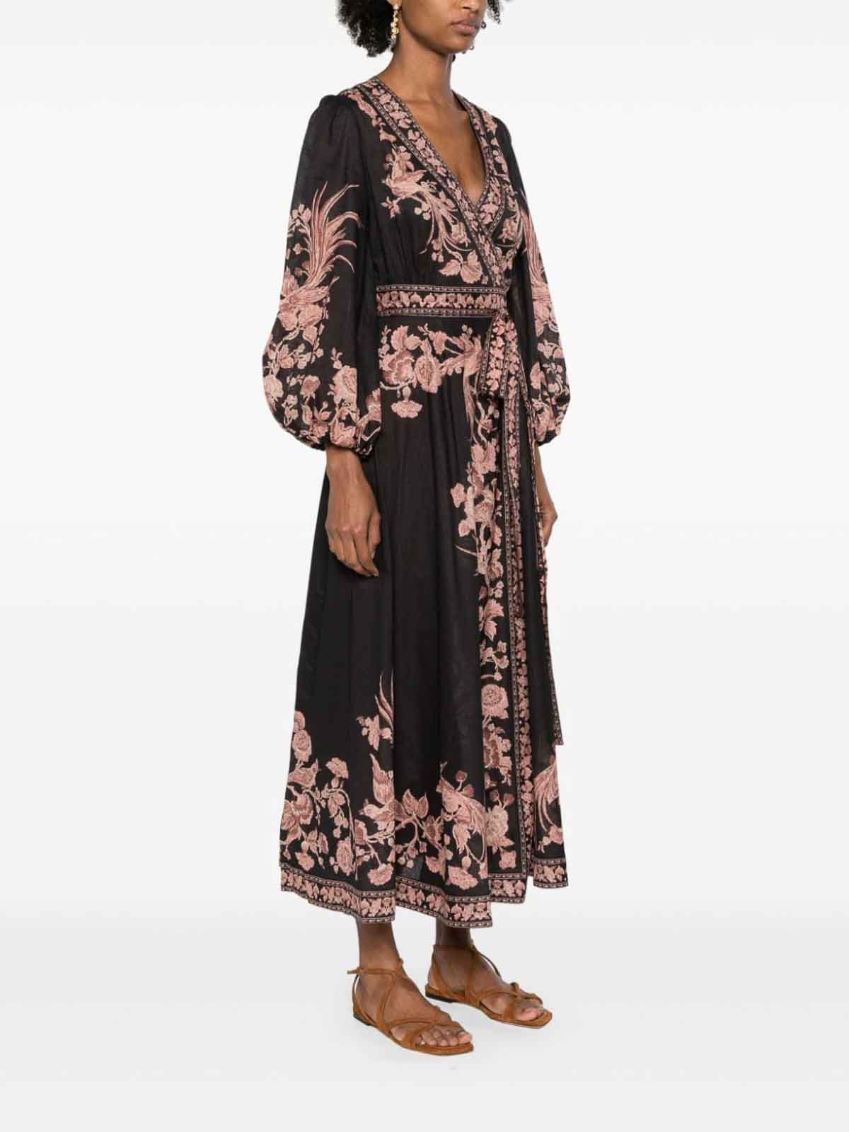 Shop Zimmermann Floral Print Wrap Midi Dress In Negro