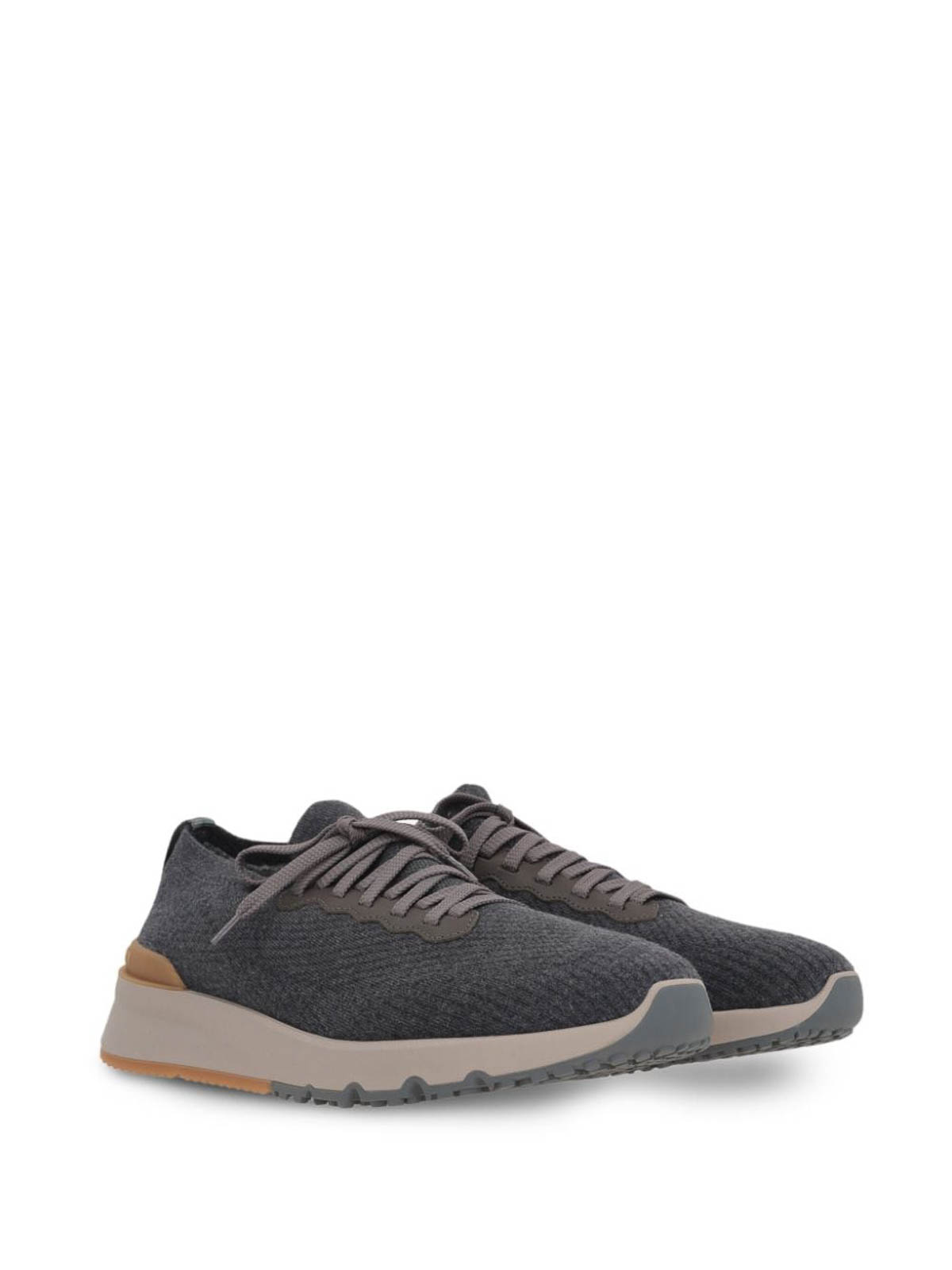 Brunello Cucinelli Leather-trimmed Stretch-knit Sneakers In Blue