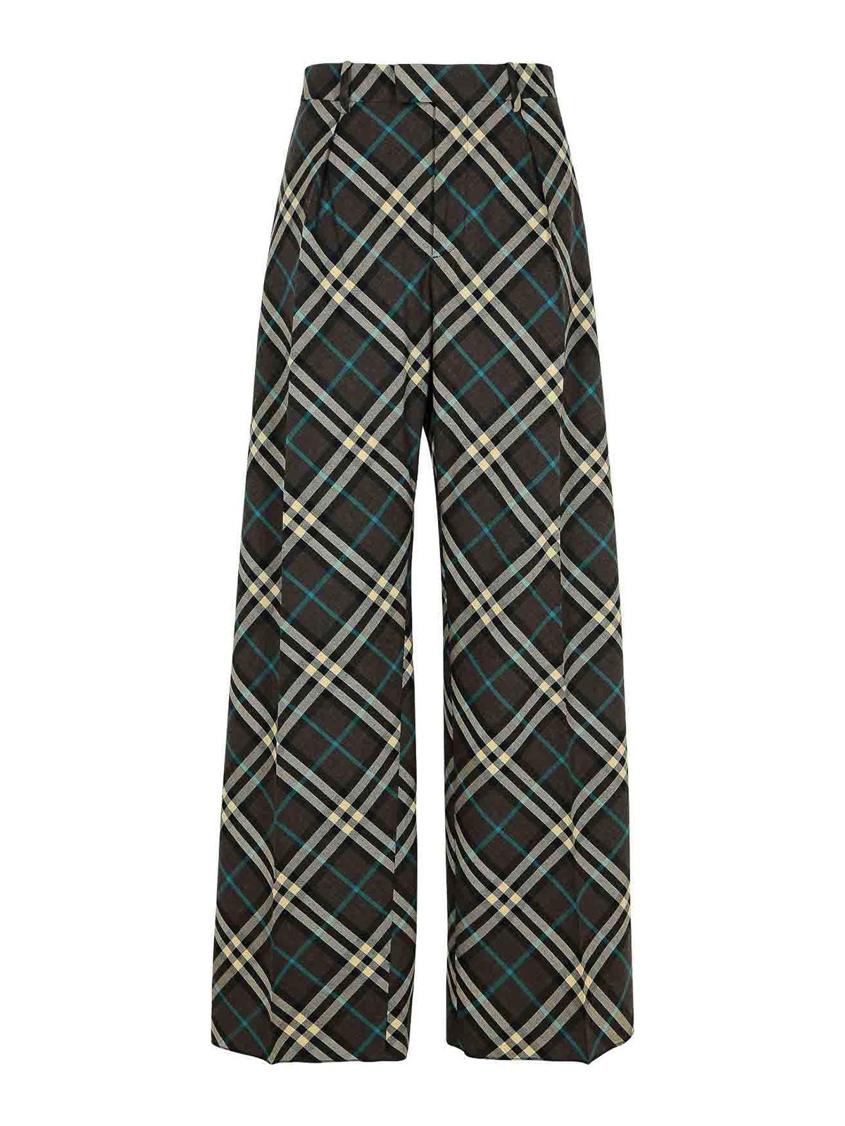 Shop Burberry Check Brown Wool Blend Trousers In Green