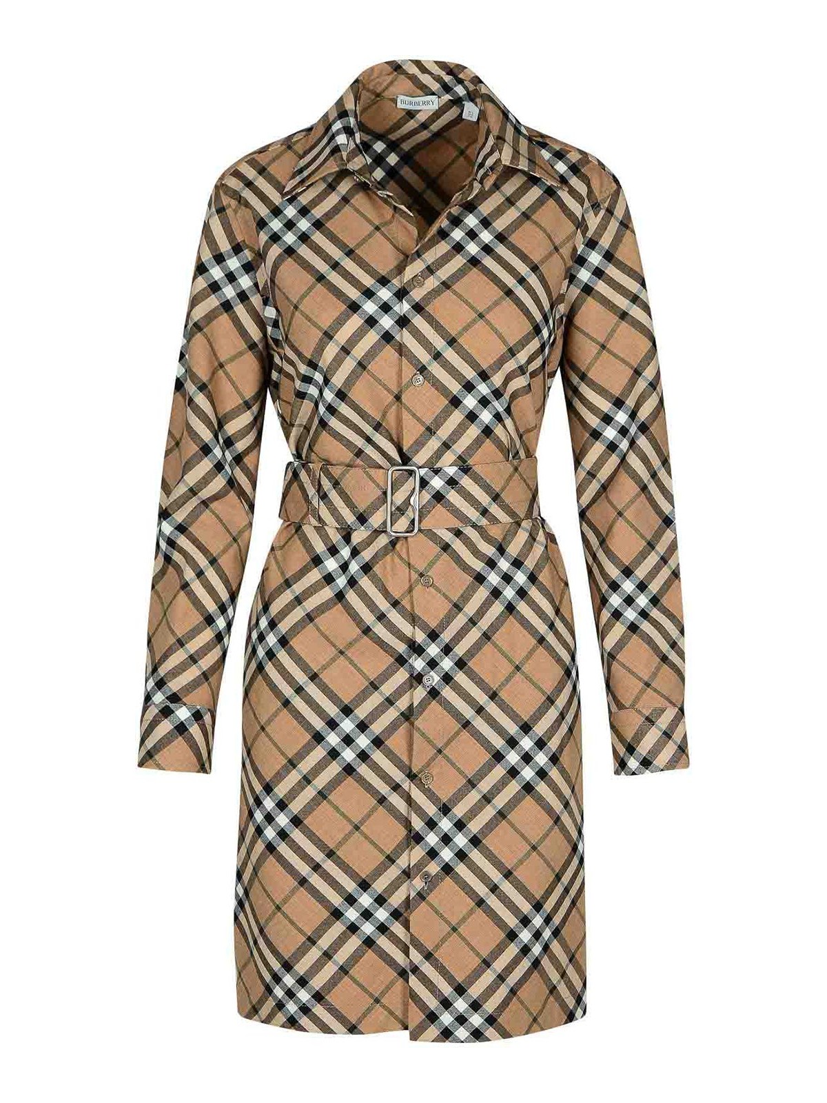 Shop Burberry Check Dress In Beige Wool Blend