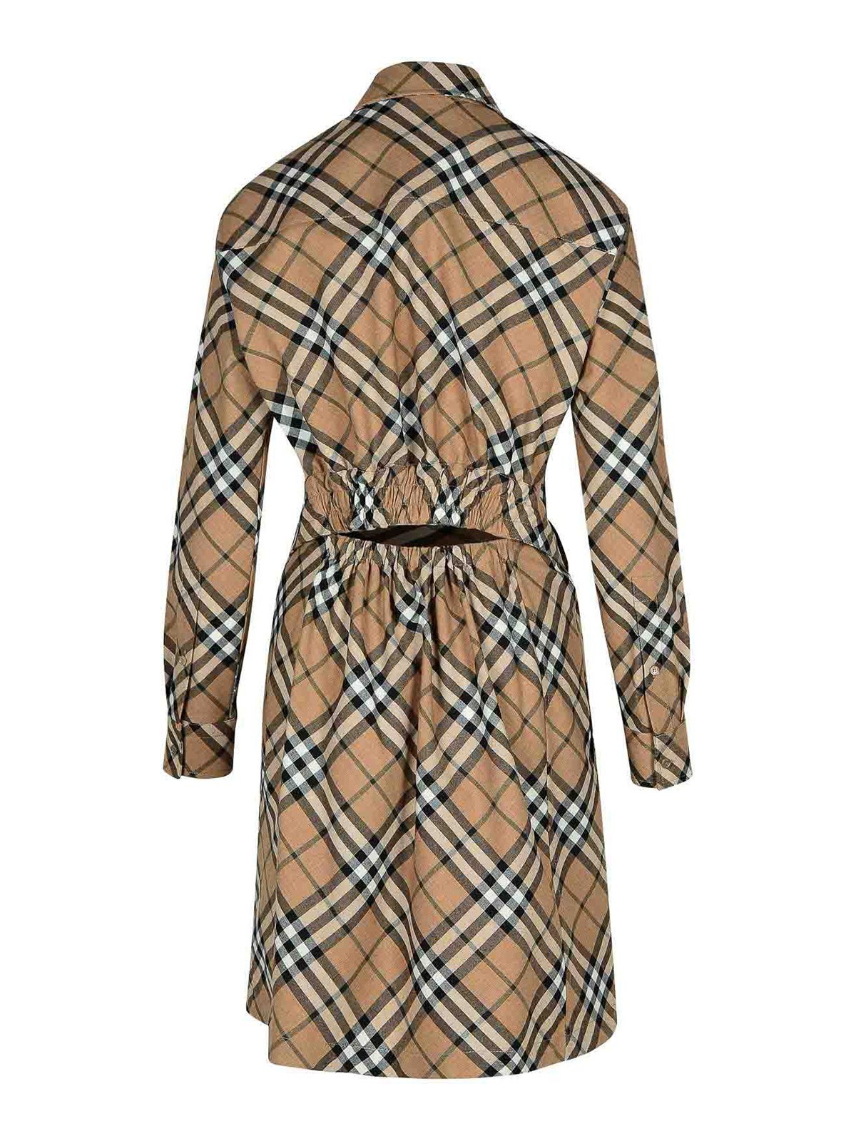 Shop Burberry Check Dress In Beige Wool Blend