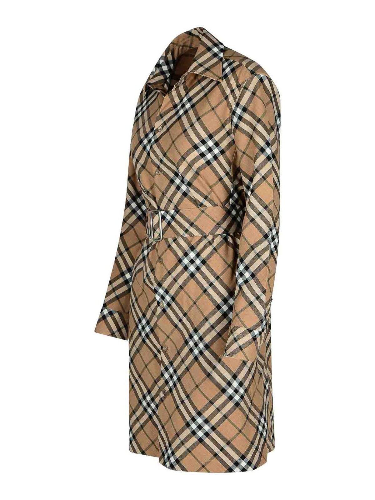 Shop Burberry Check Dress In Beige Wool Blend