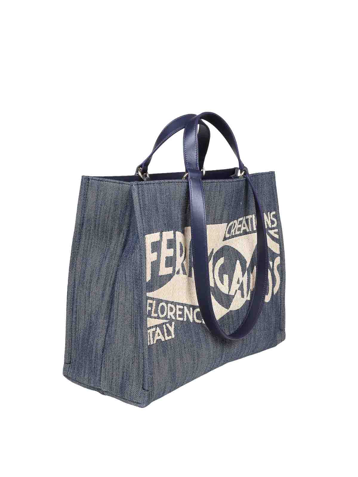 Shop Ferragamo Tote Bag (m) In Denim Con Logo In Dark Wash