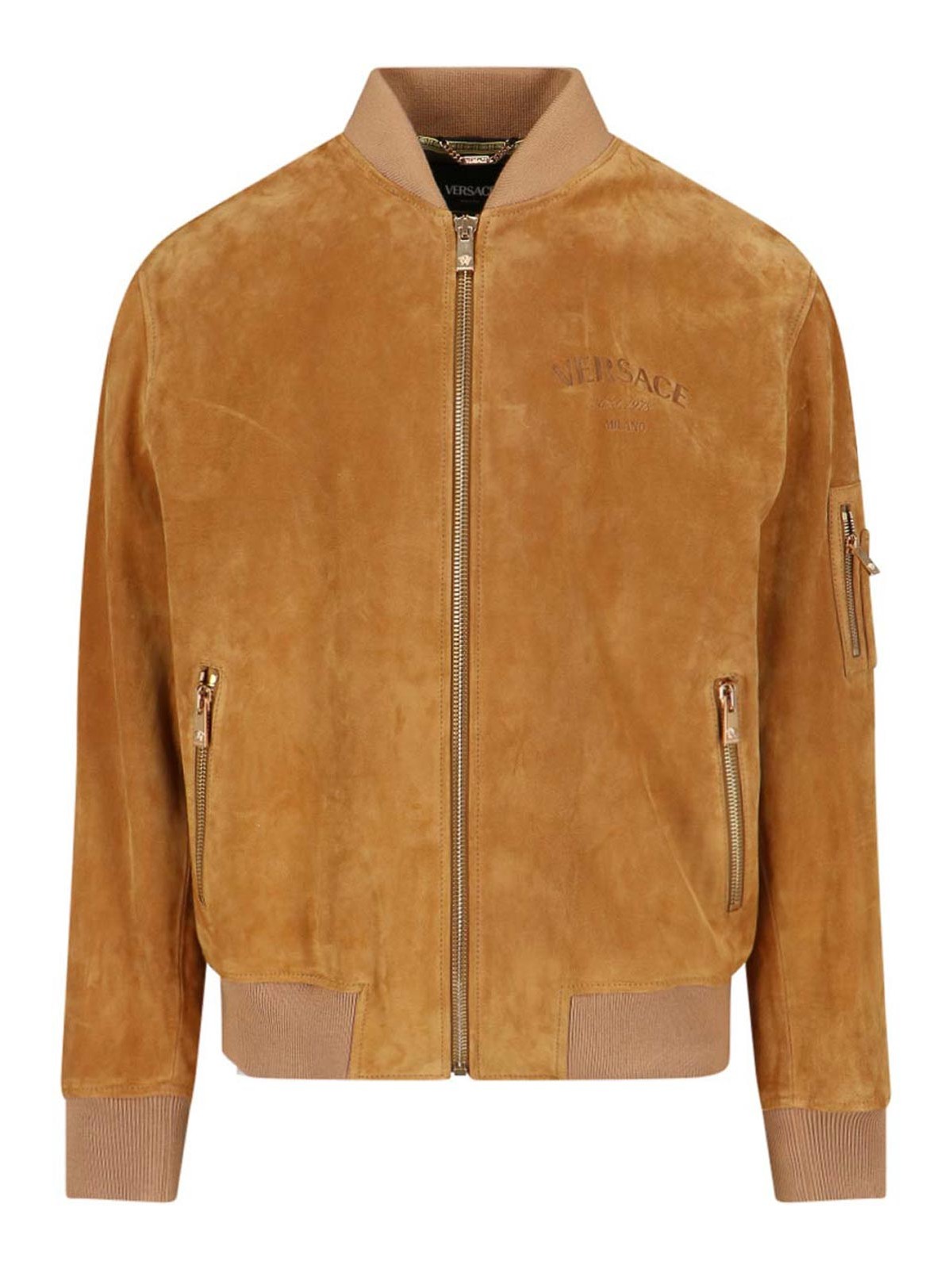 Shop Versace Suede Bomber Jacket In Brown