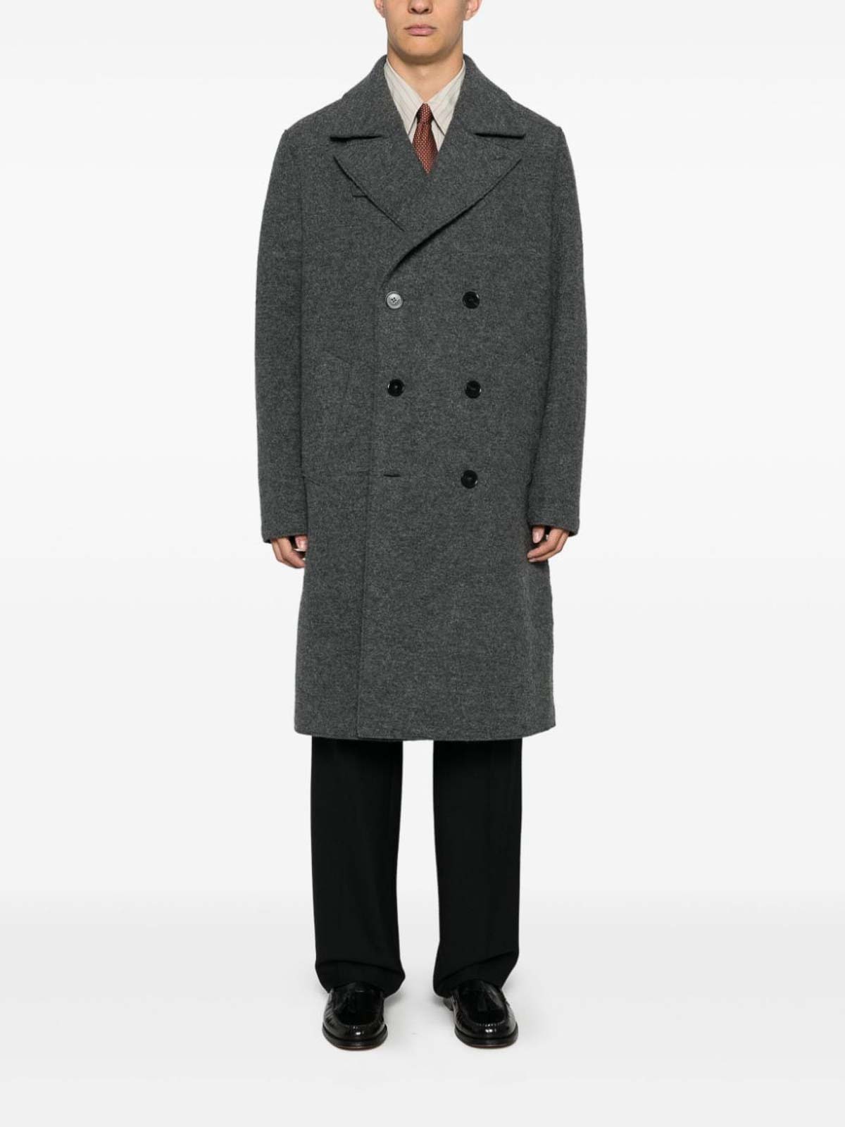 Shop Harris Wharf London Double-breasted Long Coat In Virgin Wool In Grey