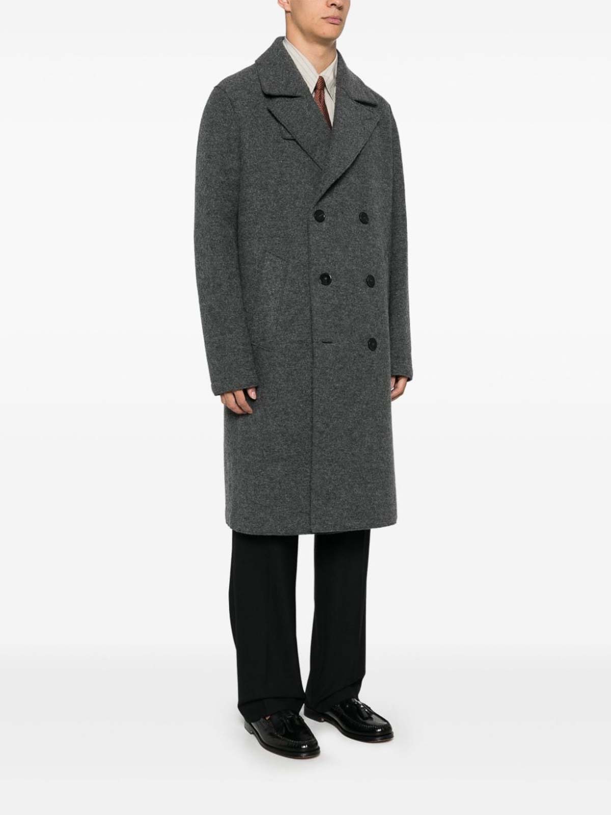 Shop Harris Wharf London Double-breasted Long Coat In Virgin Wool In Grey