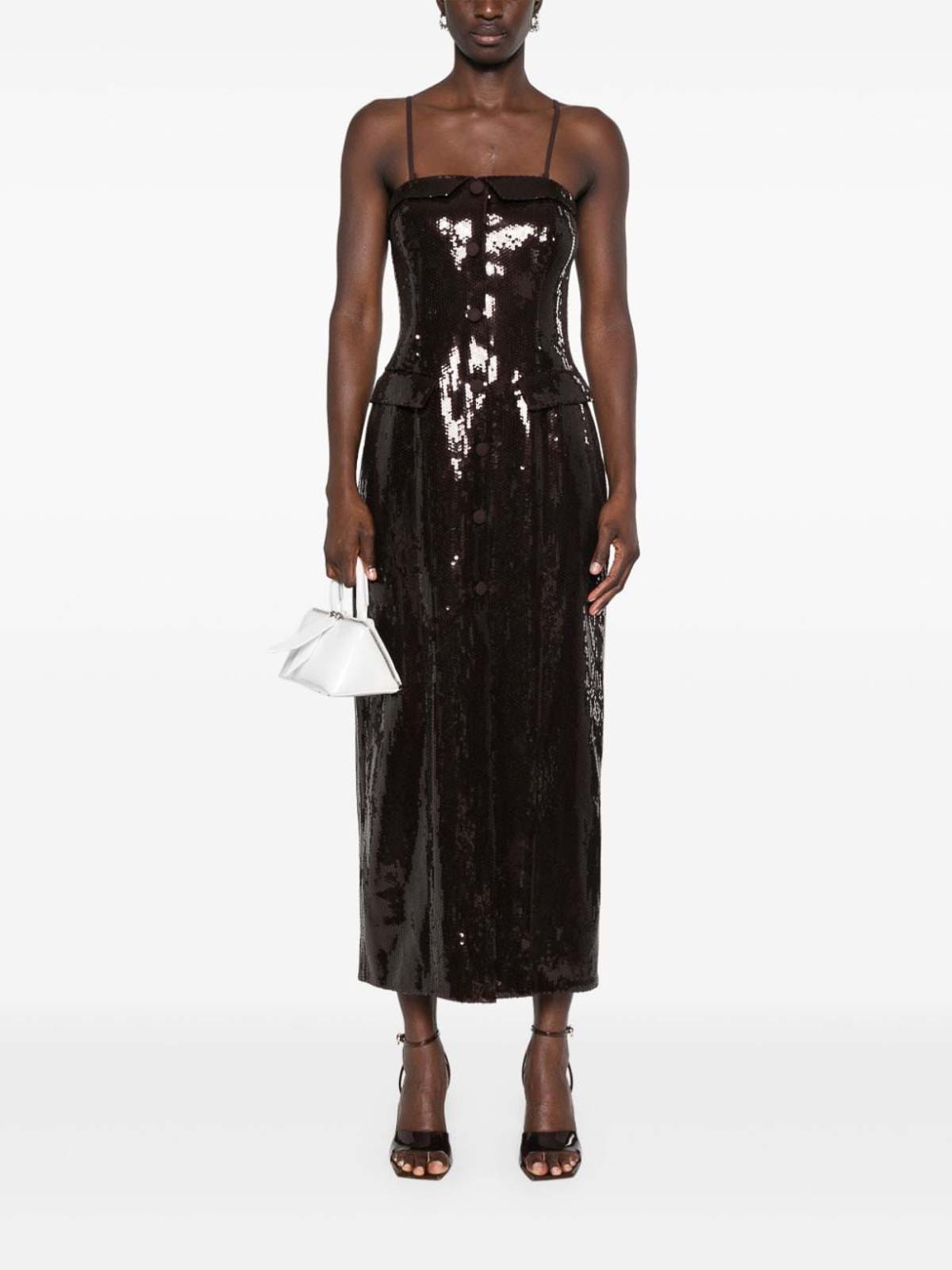 Shop Rotate Birger Christensen Long Dress With  Sequins In Brown