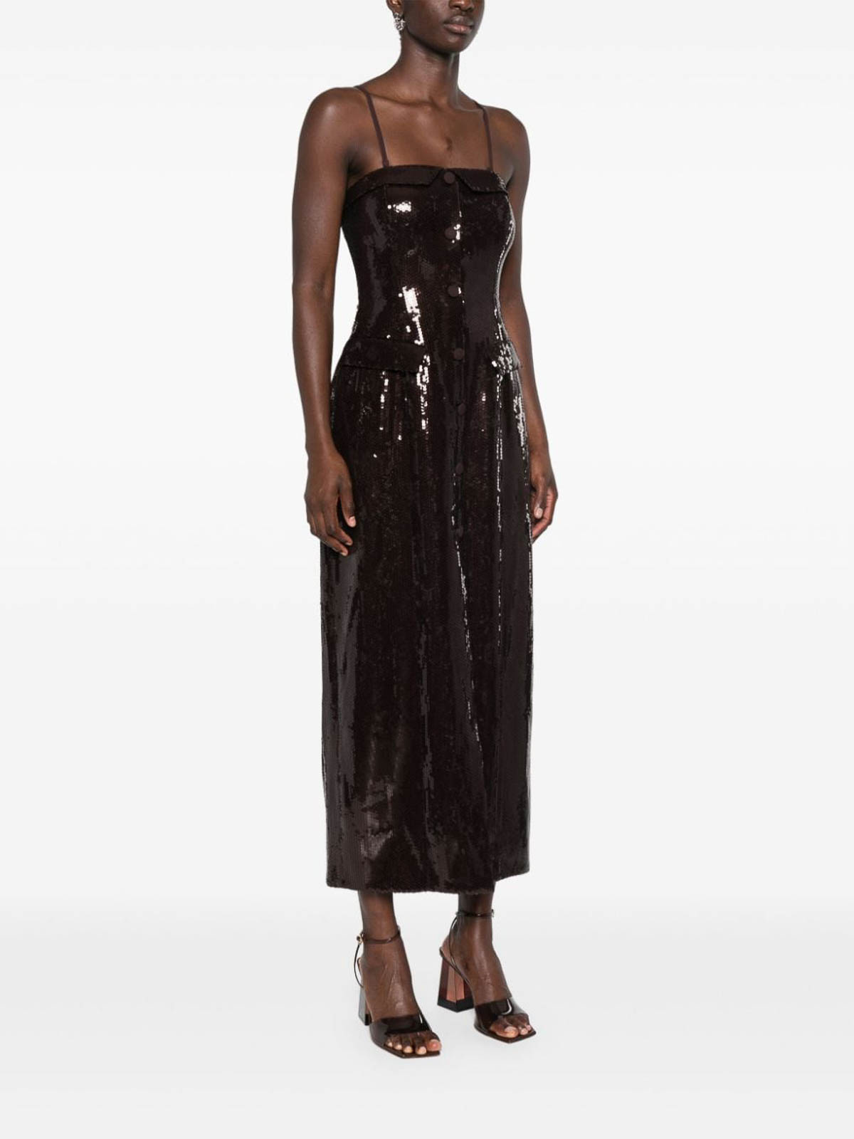 Shop Rotate Birger Christensen Long Dress With  Sequins In Brown