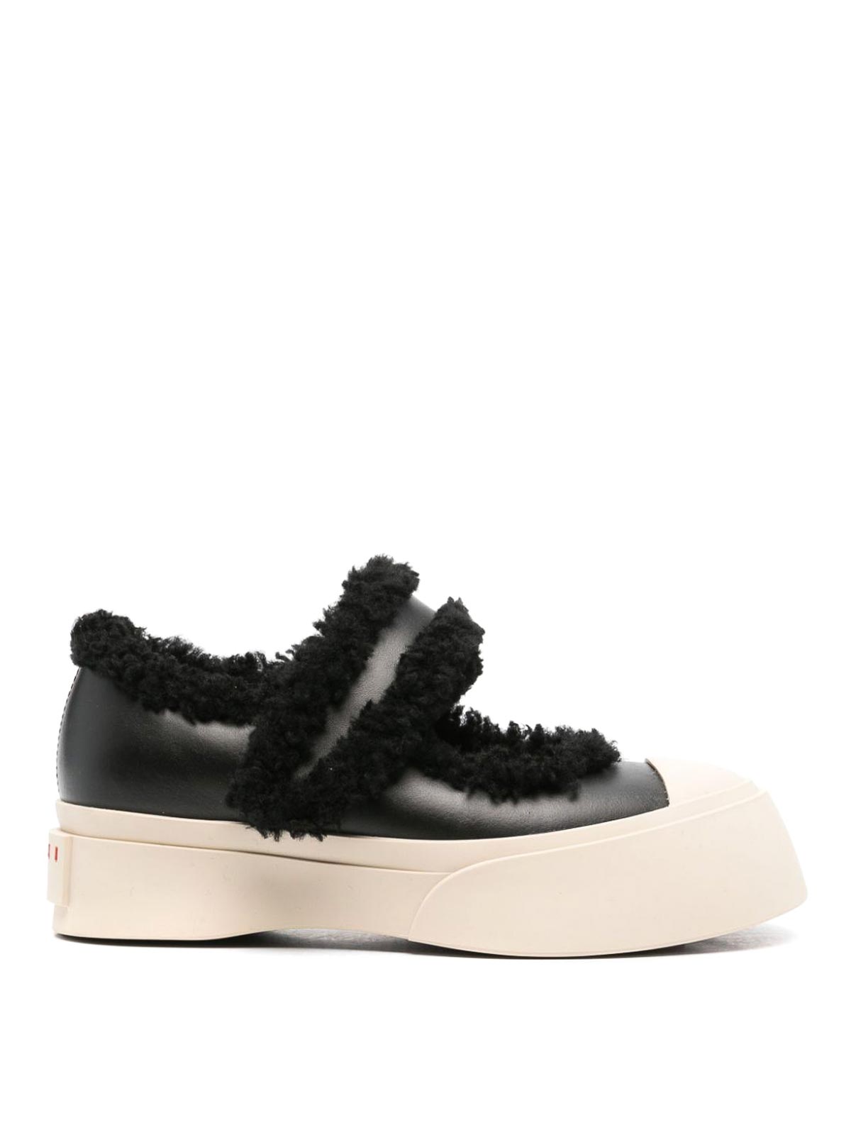 Shop Marni Leather  And Shearling Sneakers In Black