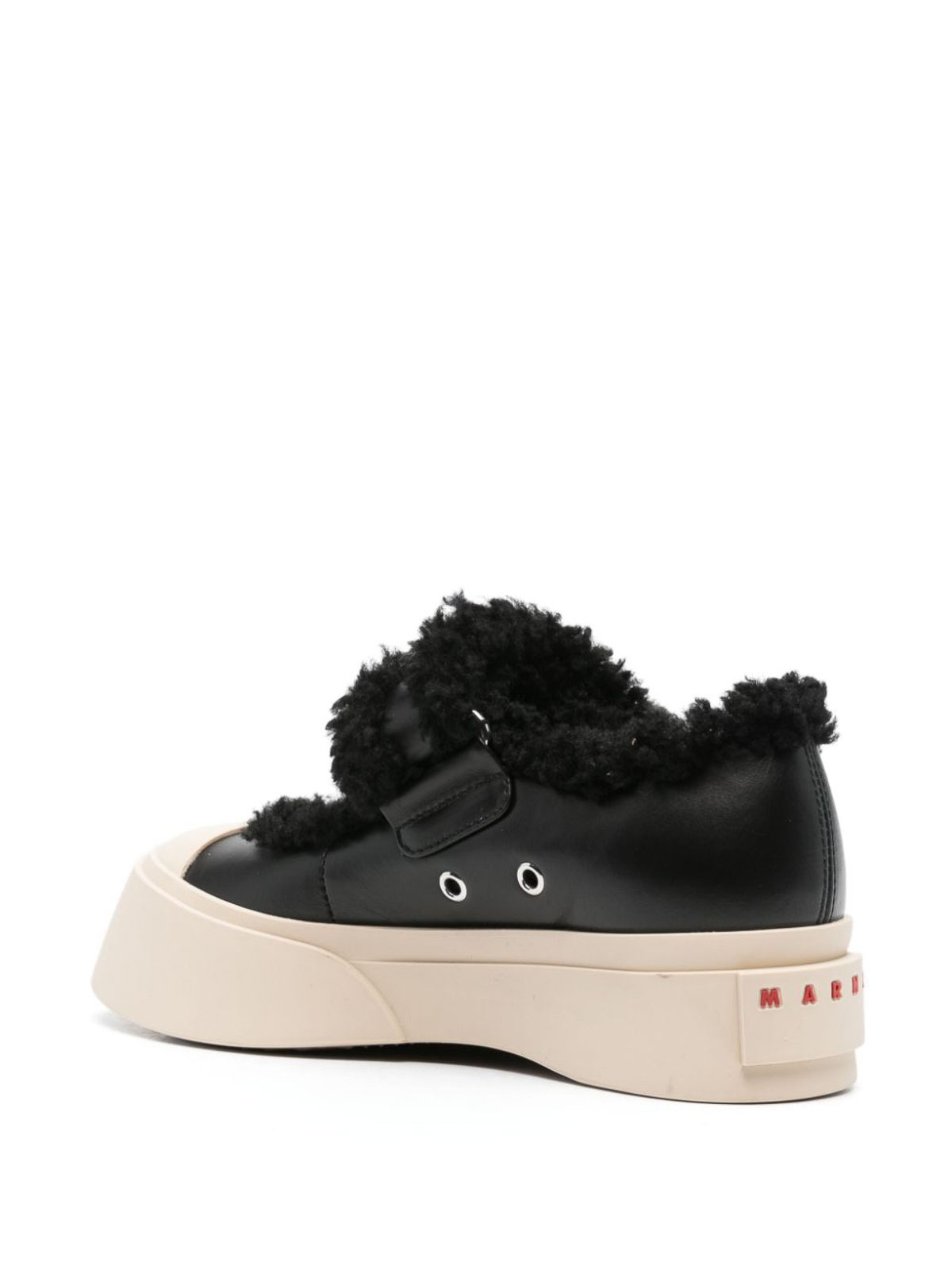 Shop Marni Leather  And Shearling Sneakers In Black