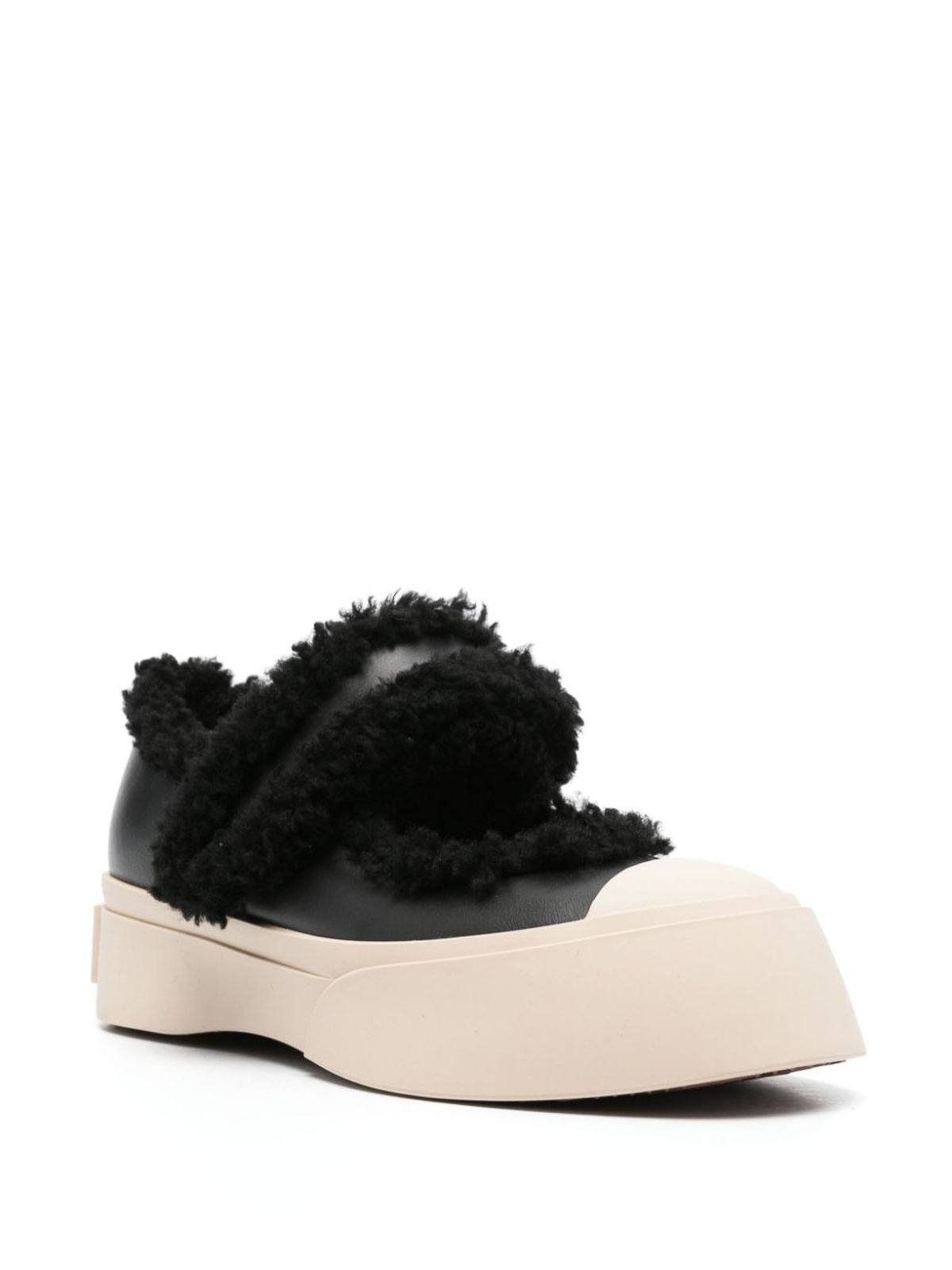 Shop Marni Leather  And Shearling Sneakers In Black