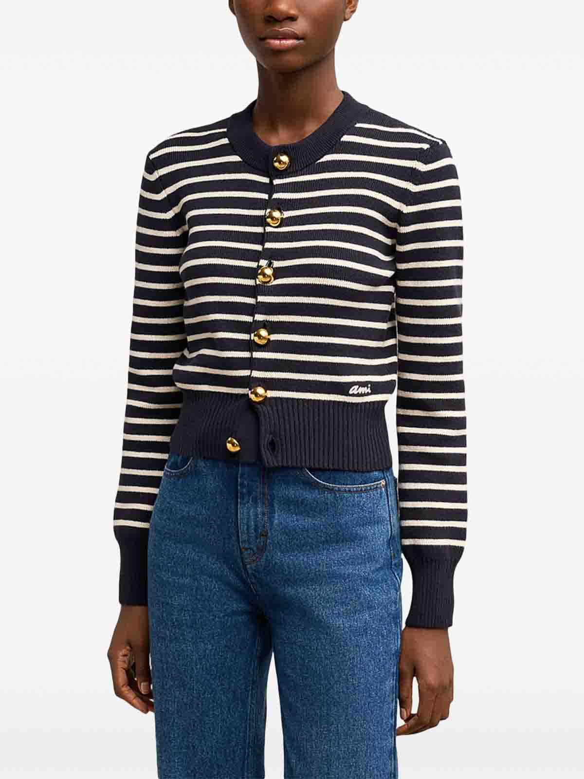 Shop Ami Alexandre Mattiussi Stripe-pattern Cotton-blend Cardigan In Azul Oscuro