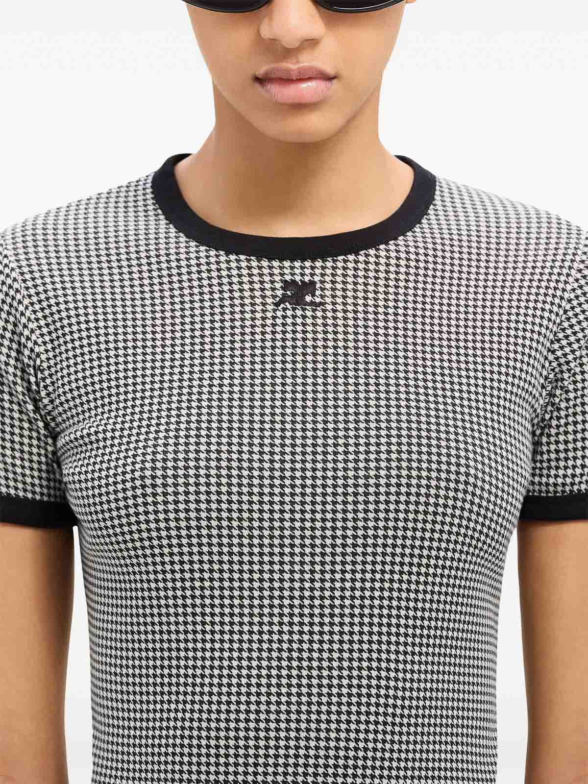 Shop Courrèges Contrasting Houndstooth Cotton T-shirt In Blanco