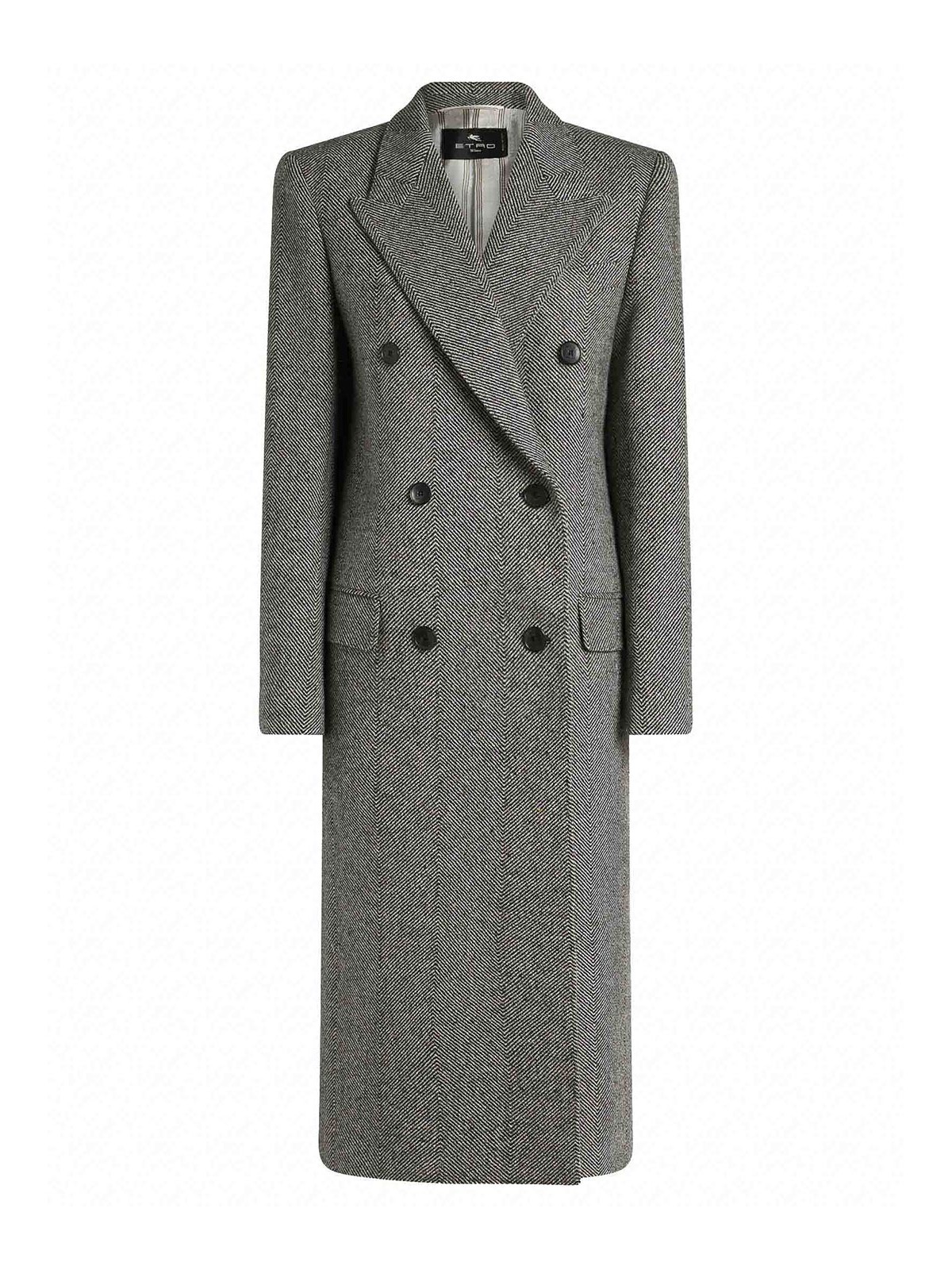 Shop Etro Long Double-breasted Coat In Grey