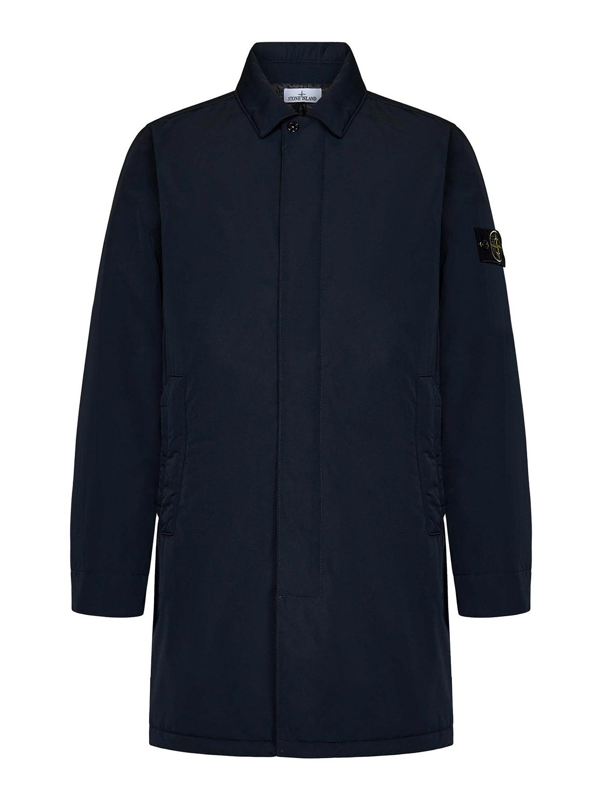 Shop Stone Island Long Blue Polyester Micro Twill Jacket